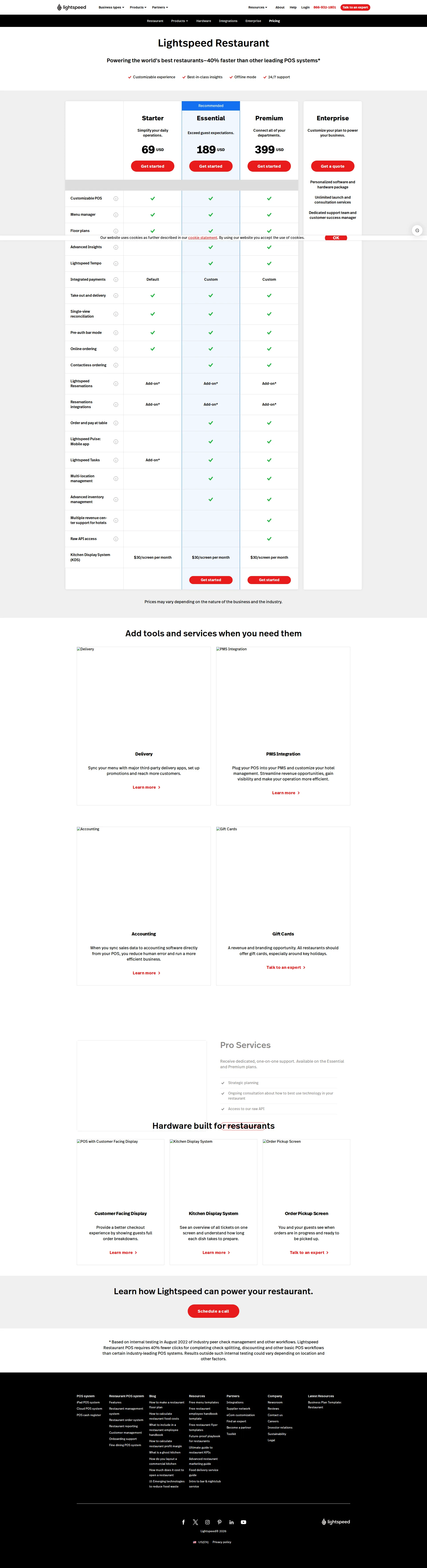 Lightspeed Restaurant Pro pricing page screenshot