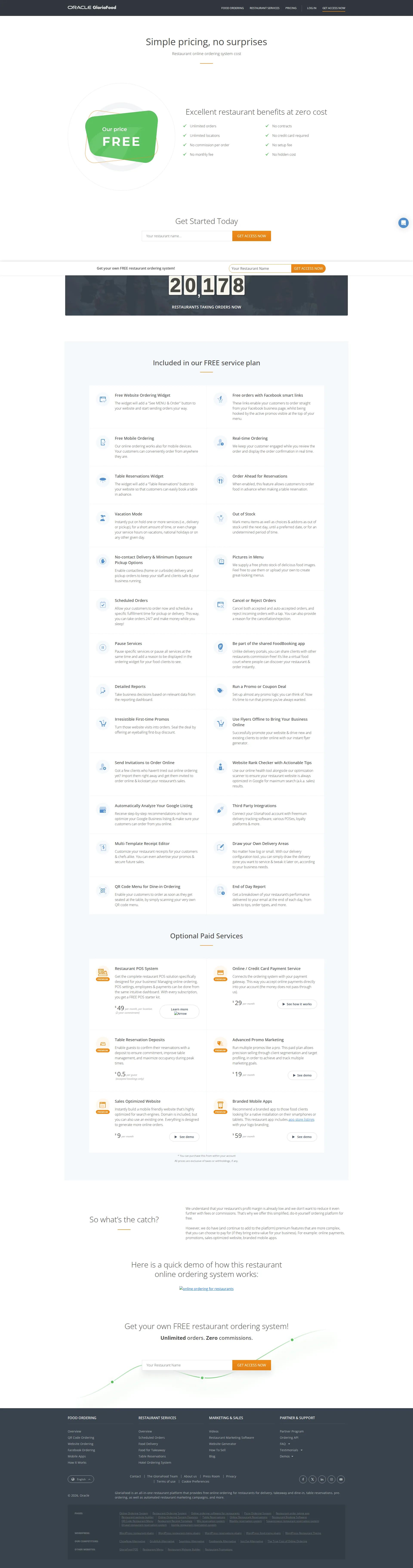 GloriaFood pricing page screenshot
