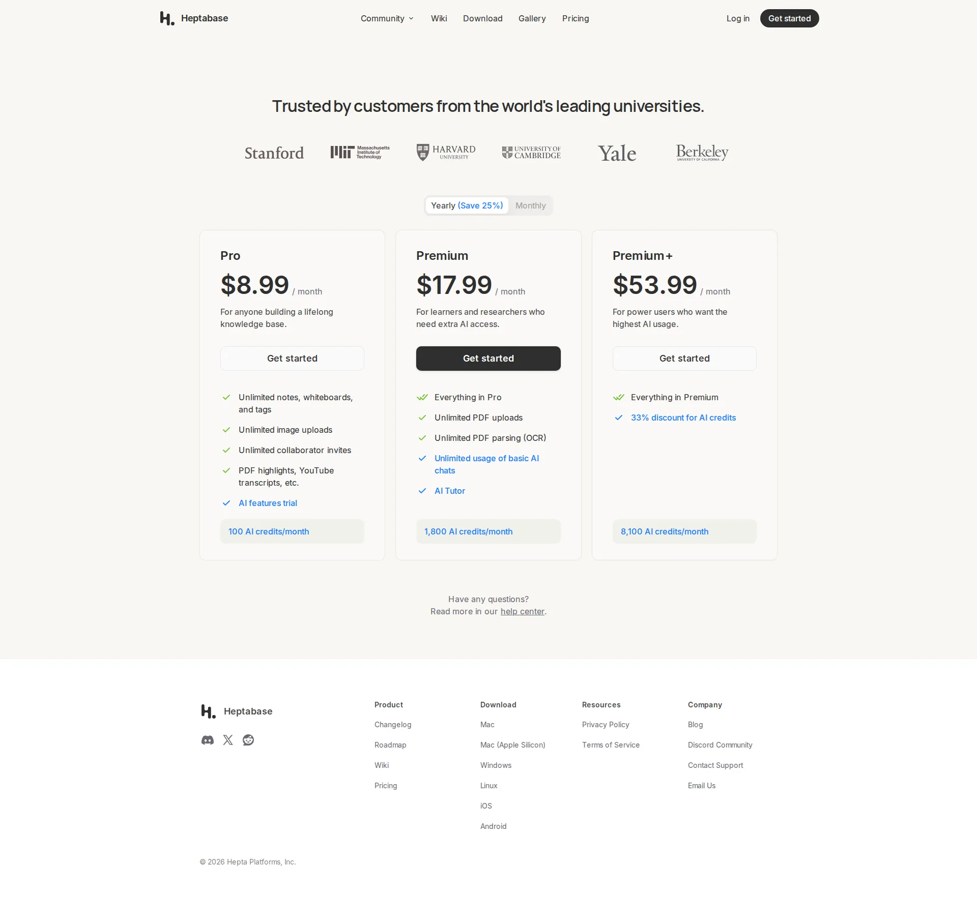 Heptabase pricing page screenshot