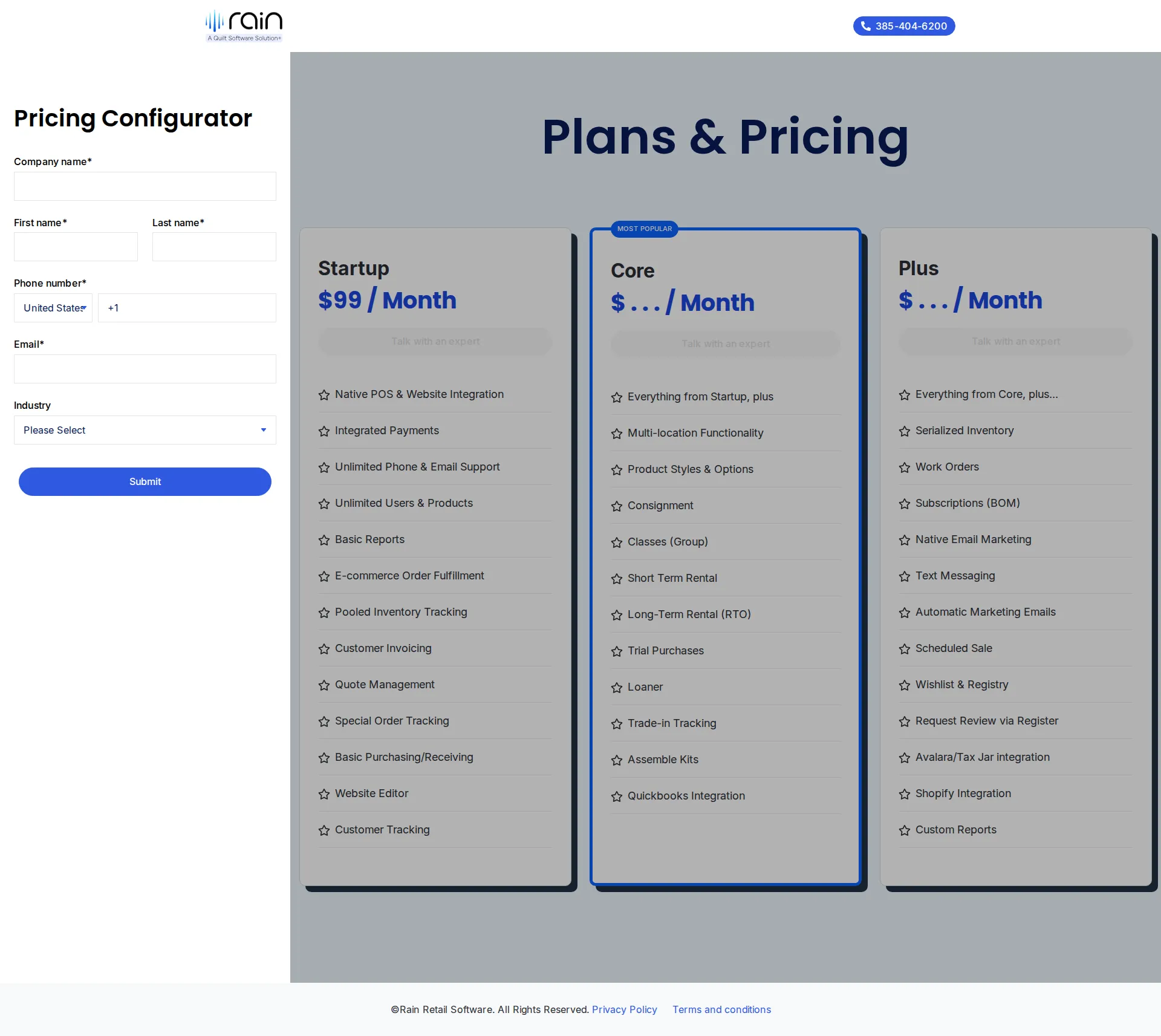 Rain POS pricing page screenshot