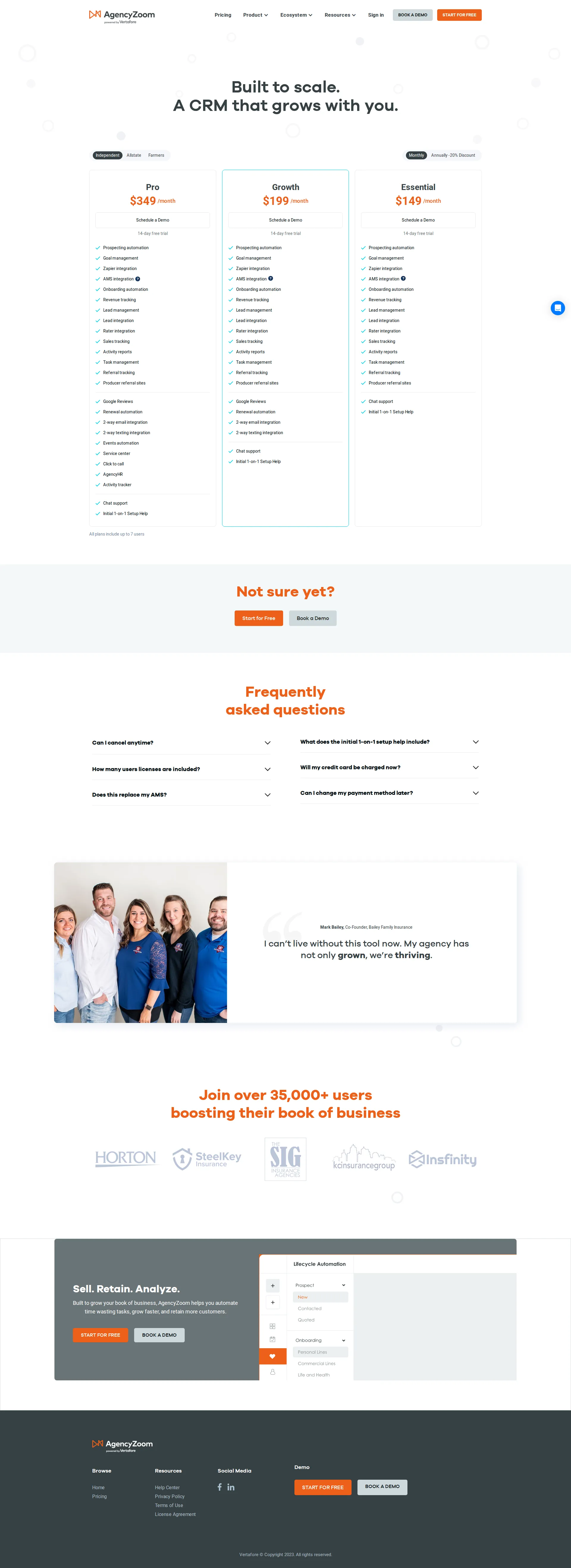 AgencyZoom pricing page screenshot