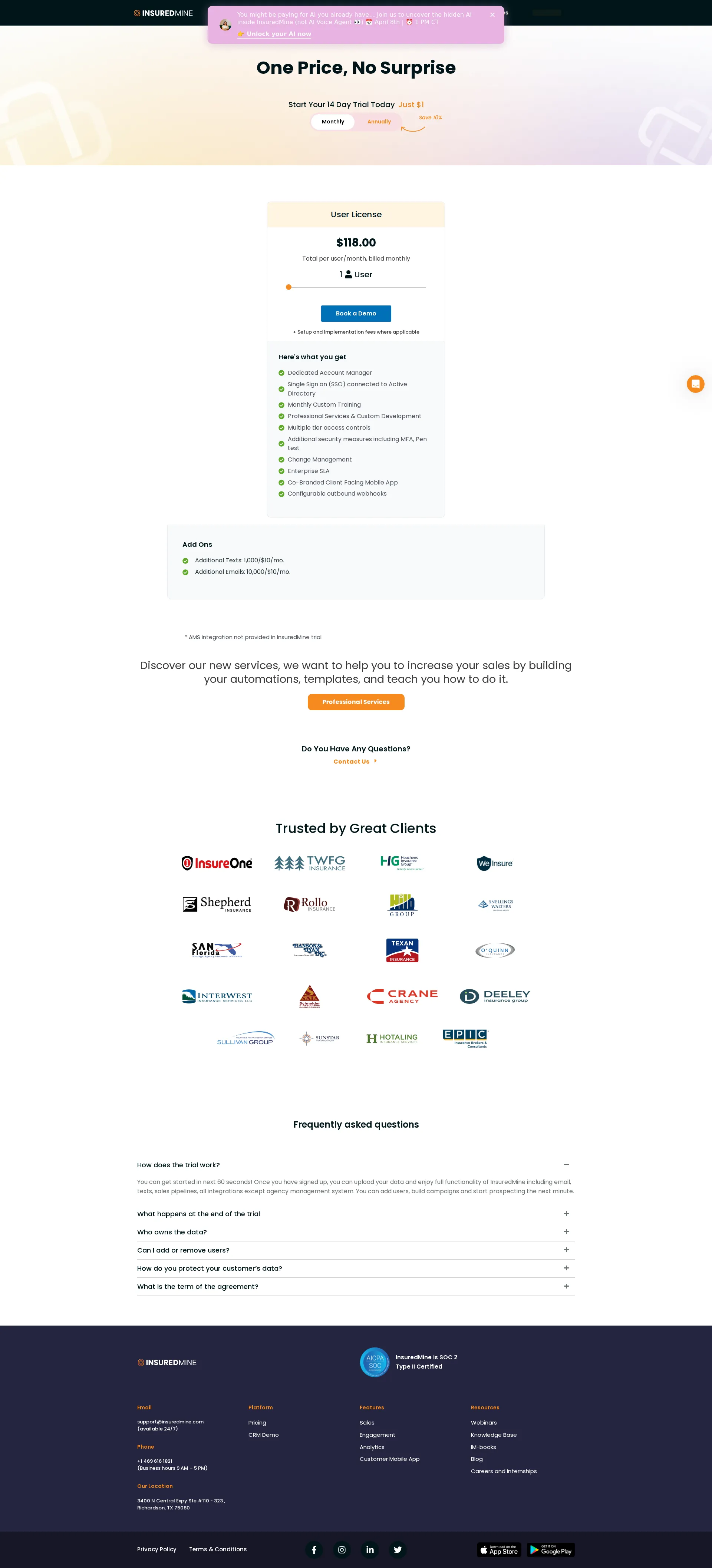 InsuredMine pricing page screenshot