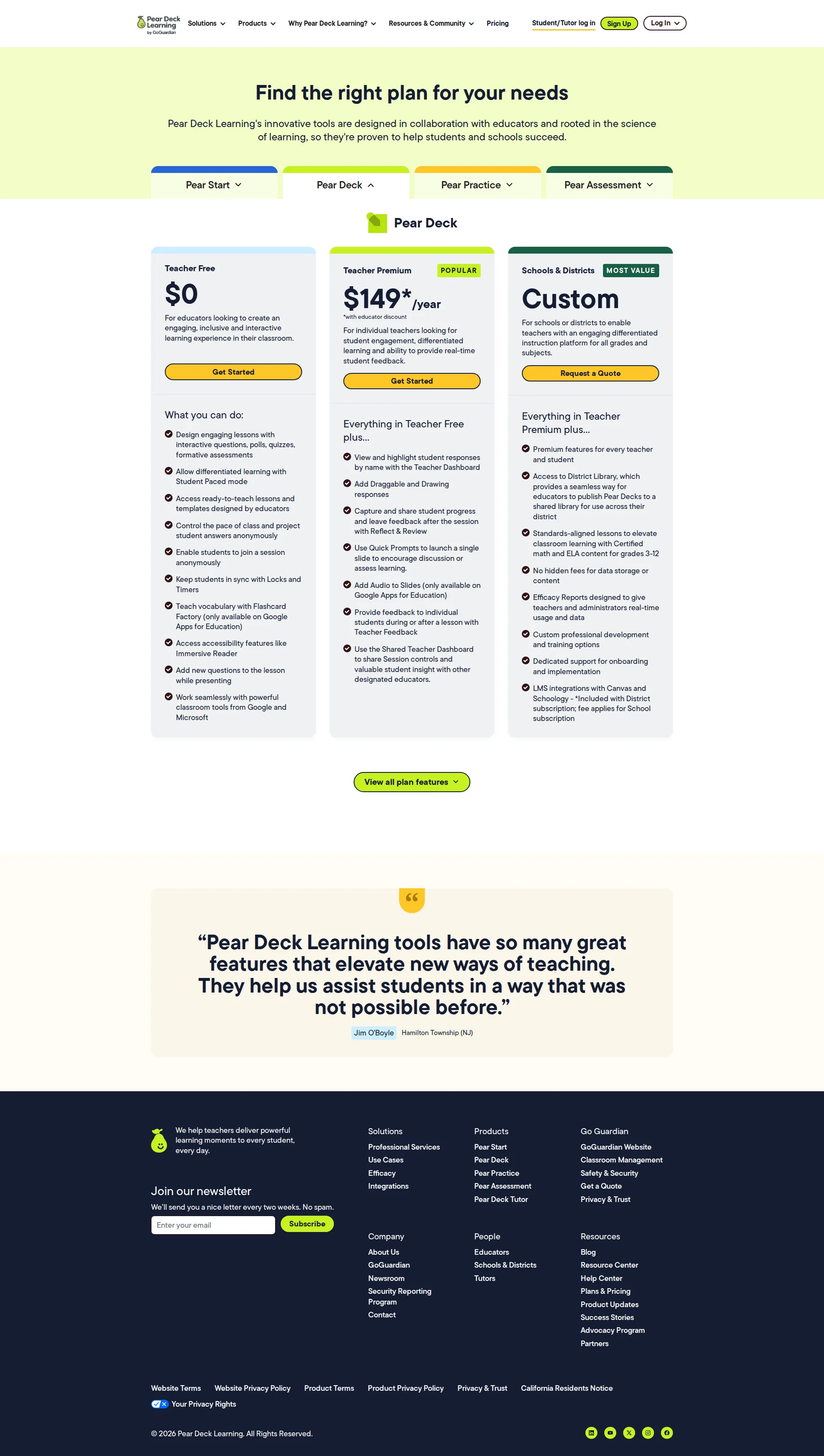 Pear Deck Pro pricing page screenshot