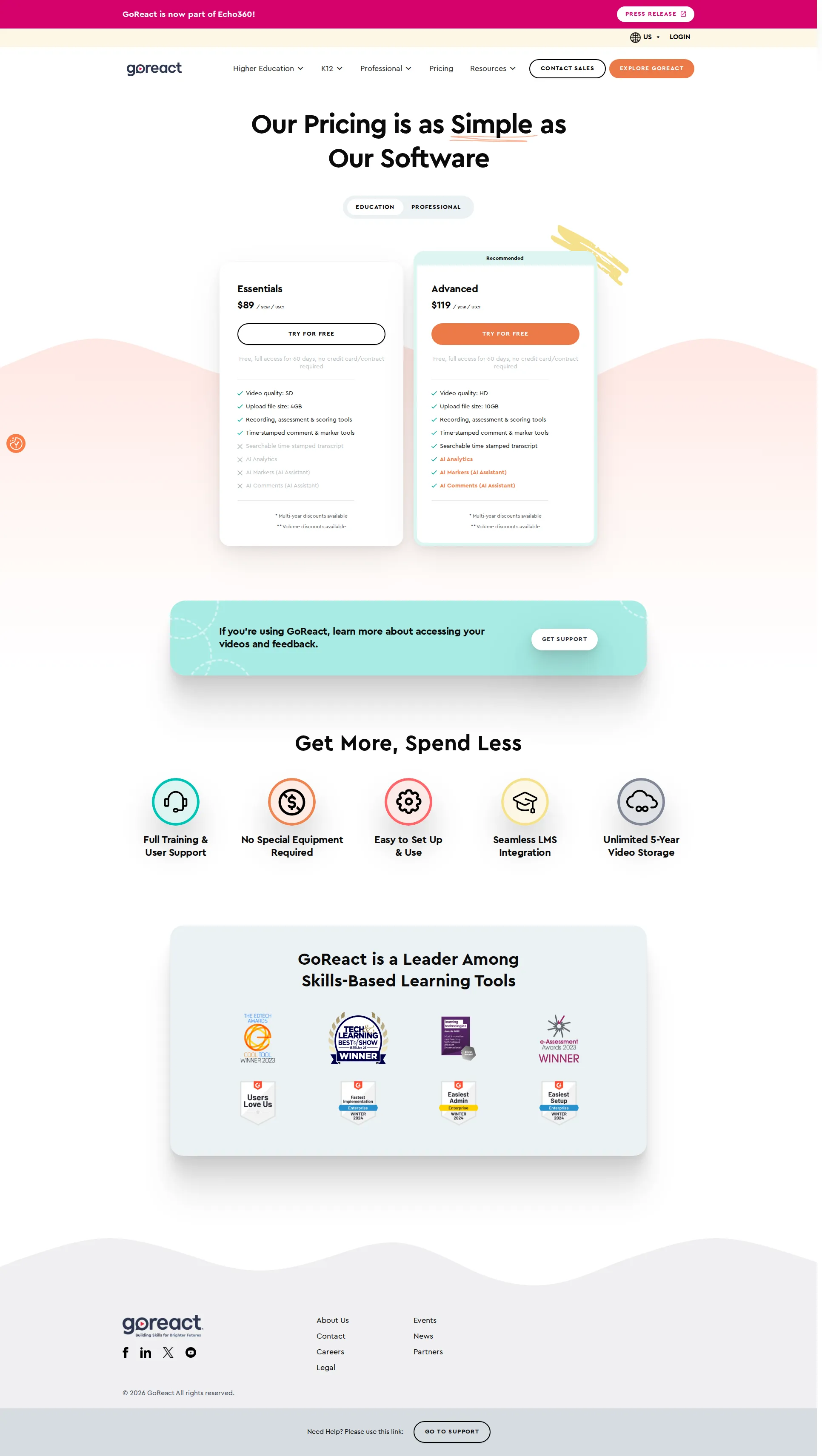 GoReact pricing page screenshot
