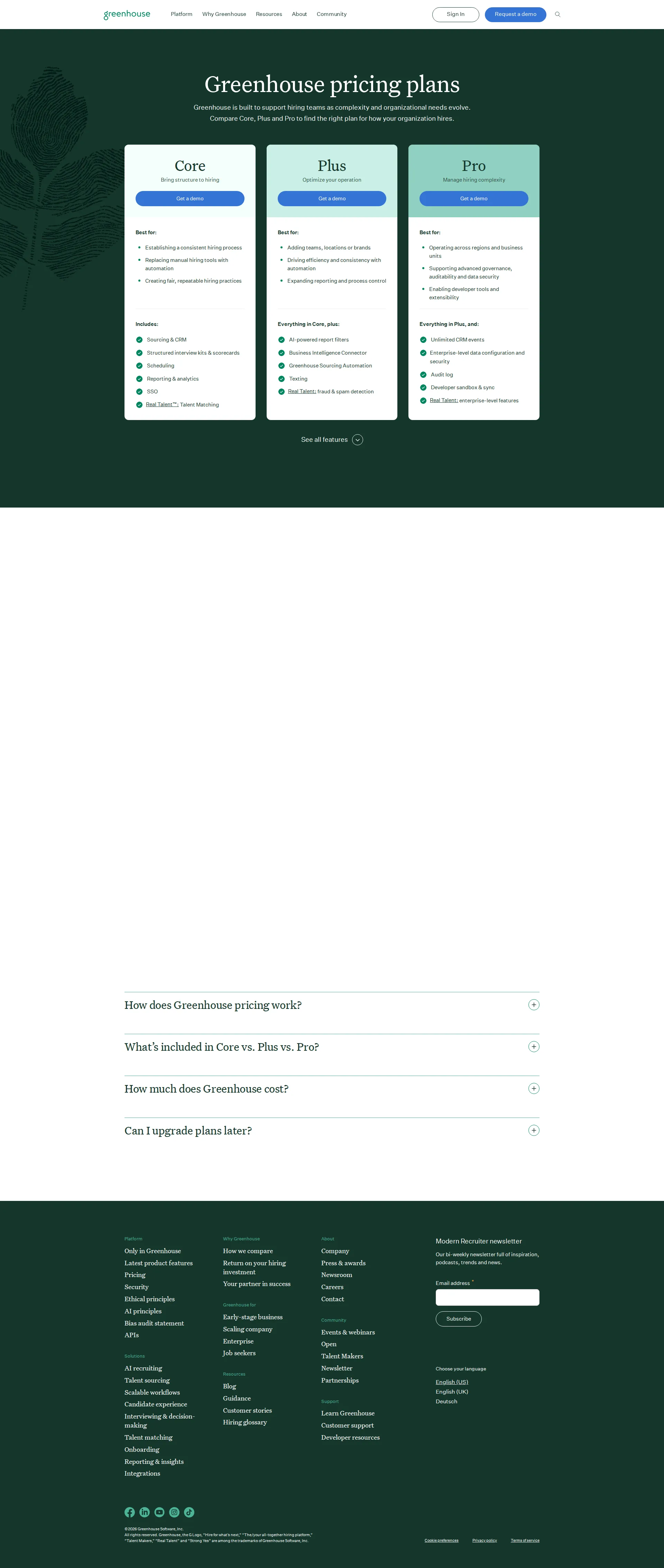 Greenhouse Pro pricing page screenshot