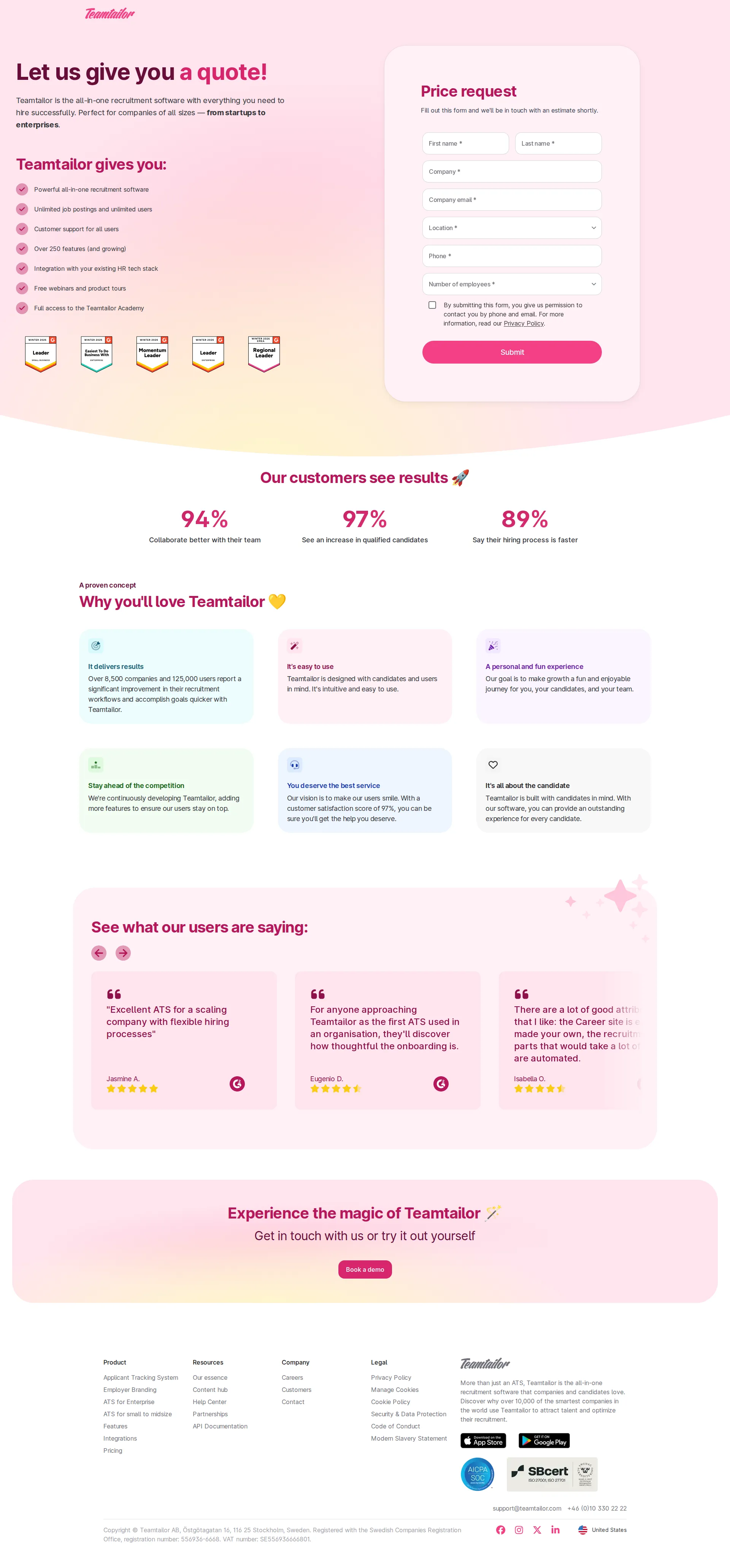 Teamtailor pricing page screenshot