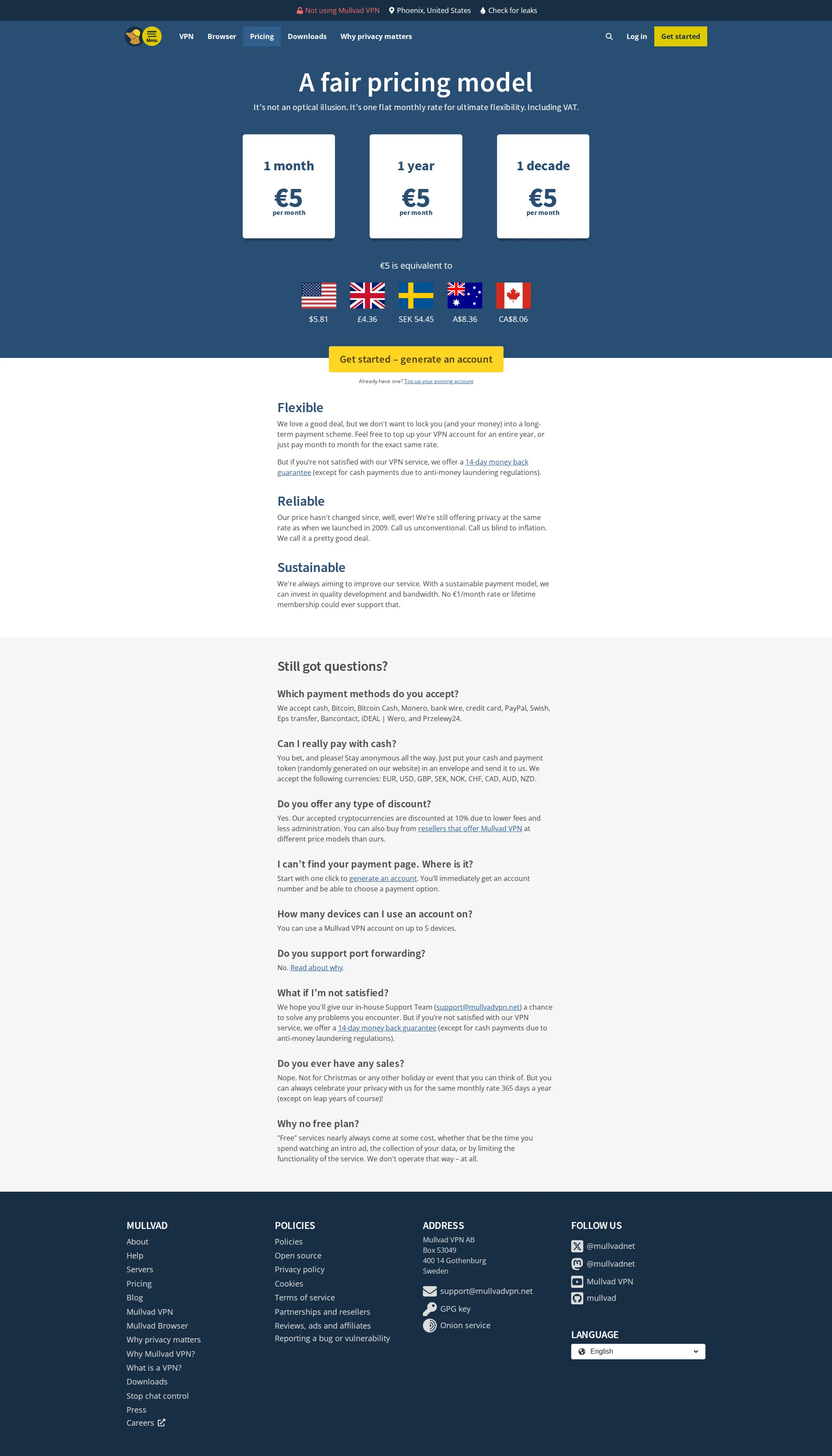 Mullvad pricing page screenshot