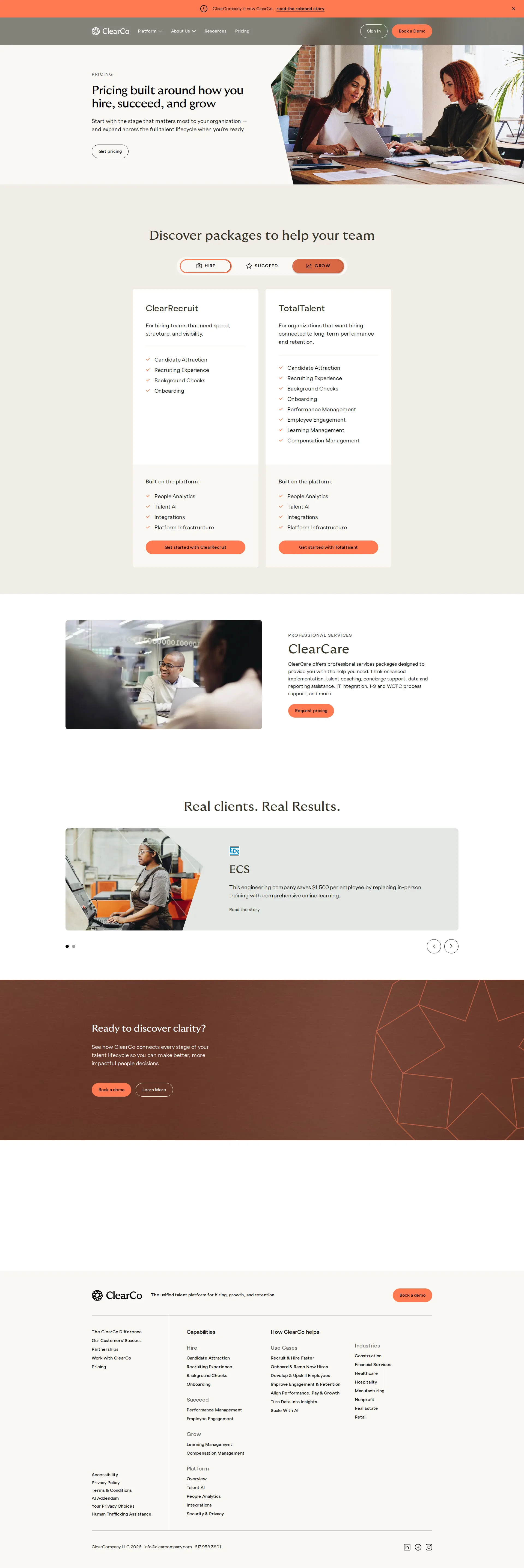 ClearCompany pricing page screenshot
