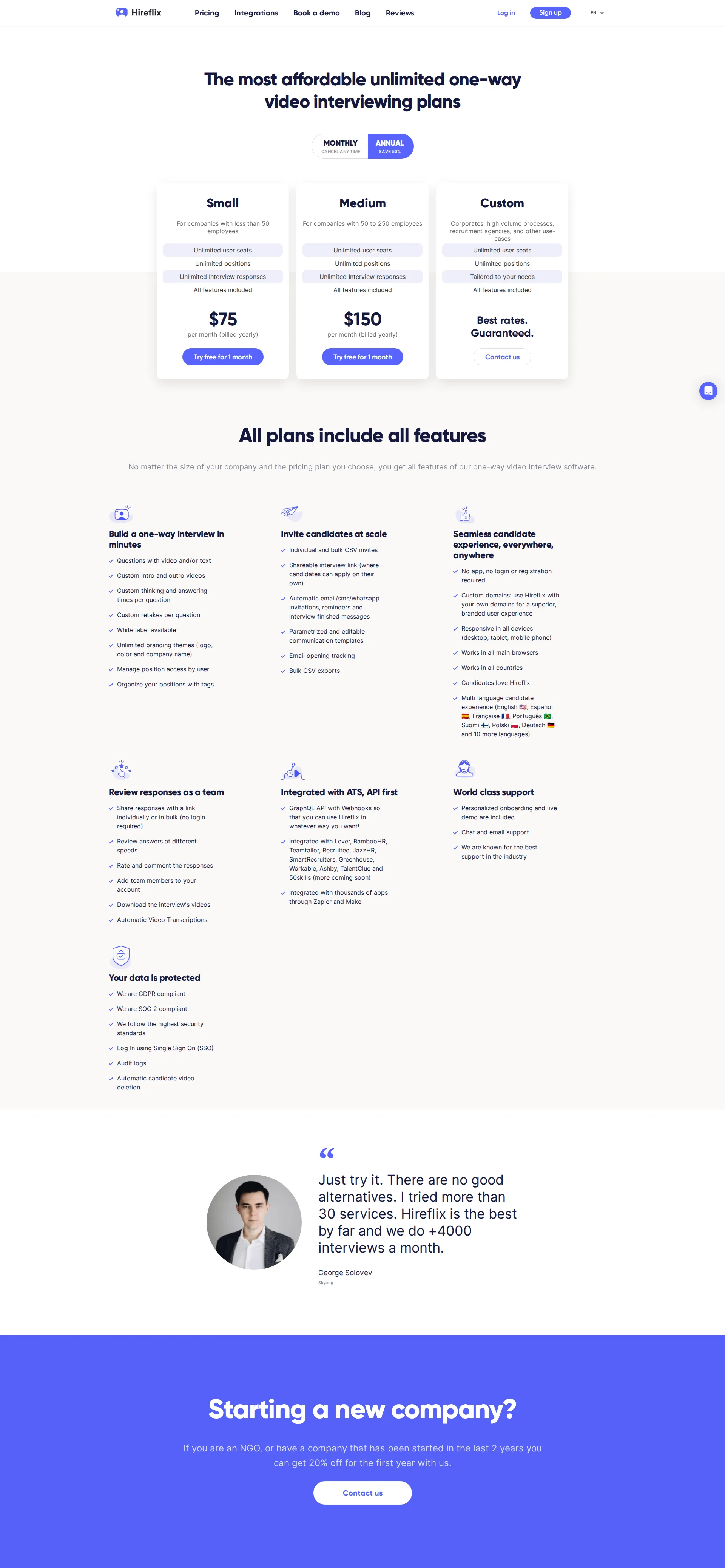 Hireflix pricing page screenshot