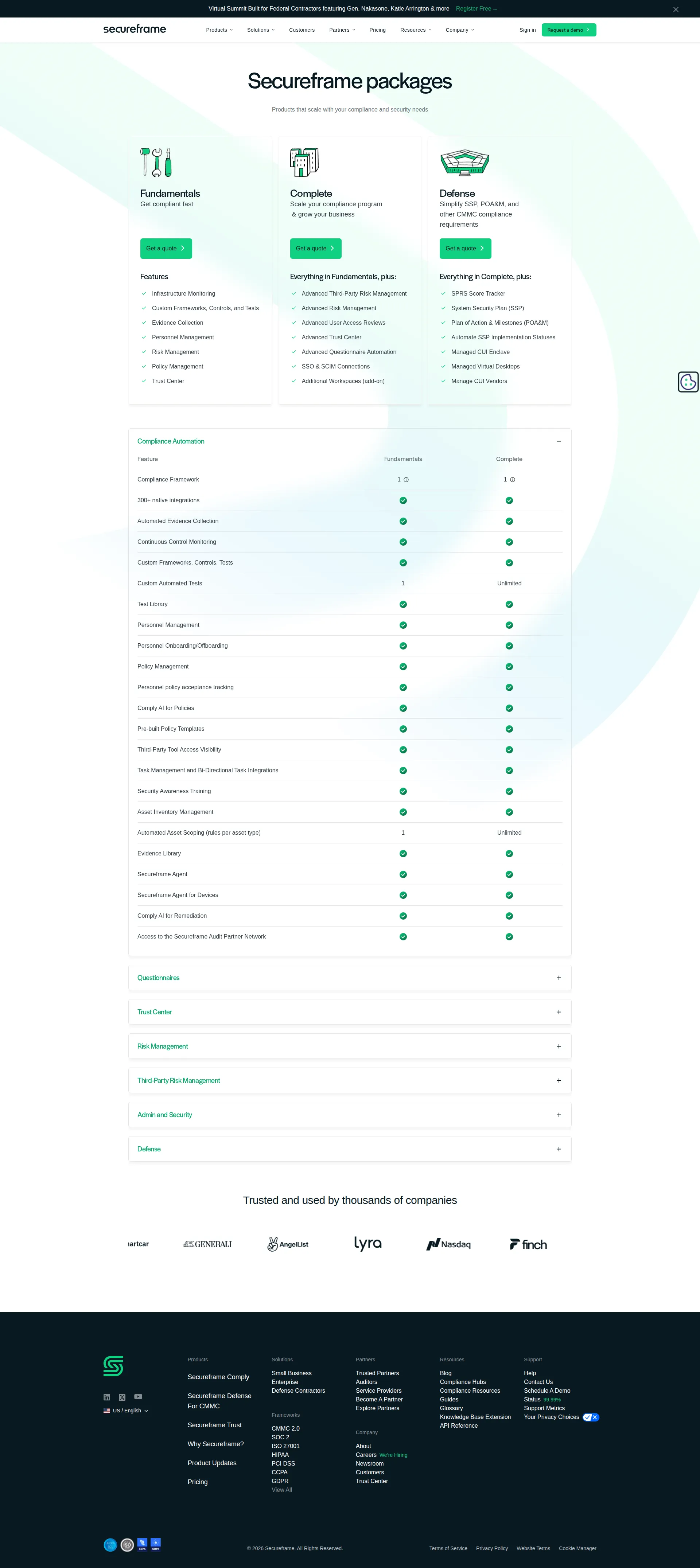 Secureframe pricing page screenshot
