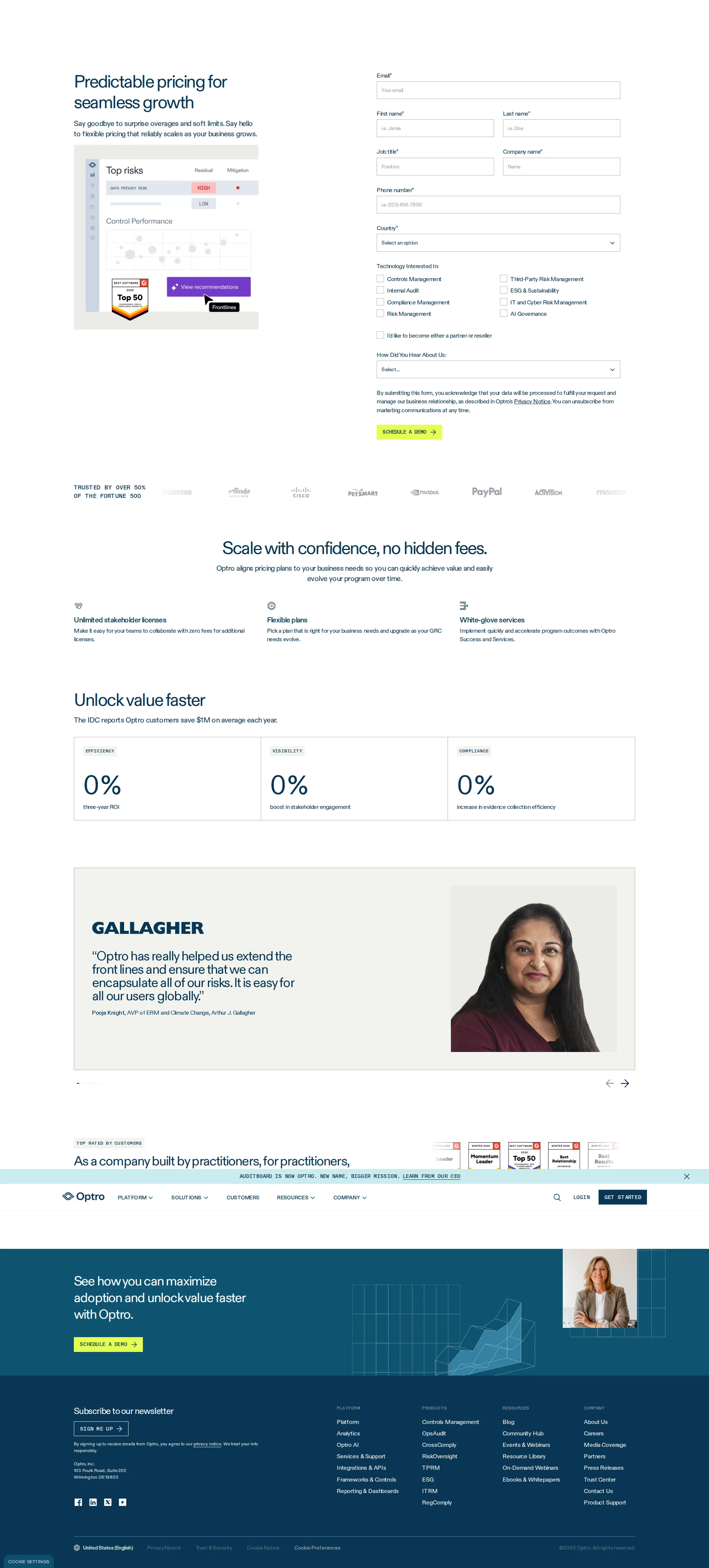 AuditBoard pricing page screenshot