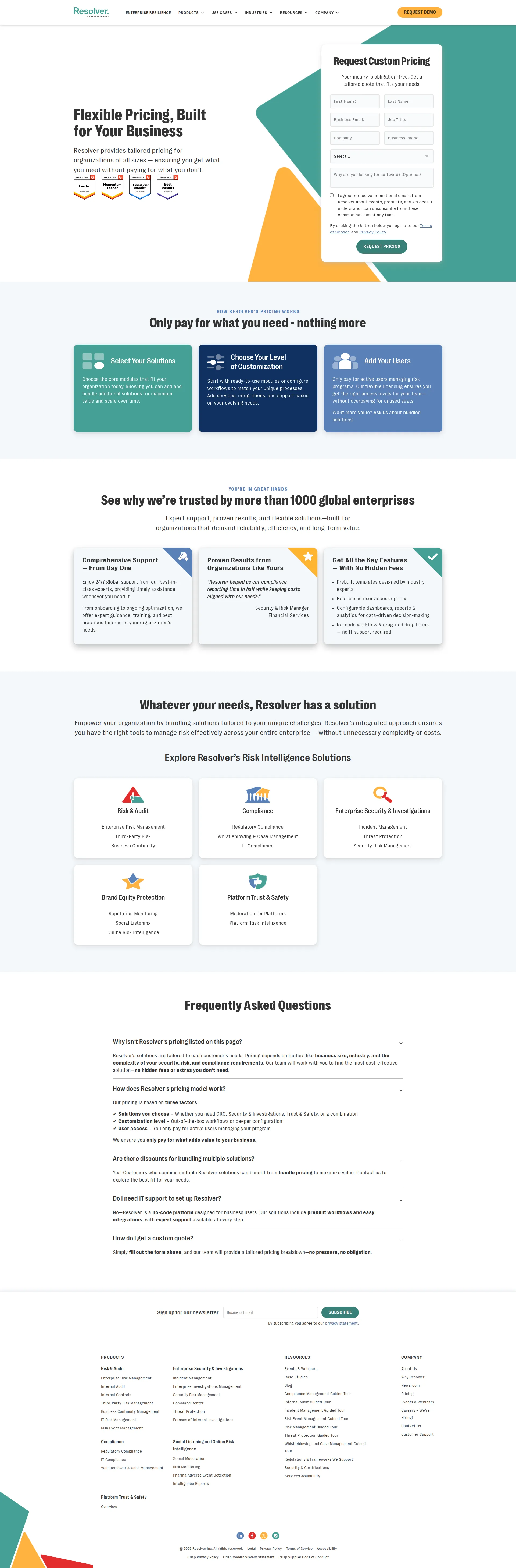 Resolver GRC pricing page screenshot