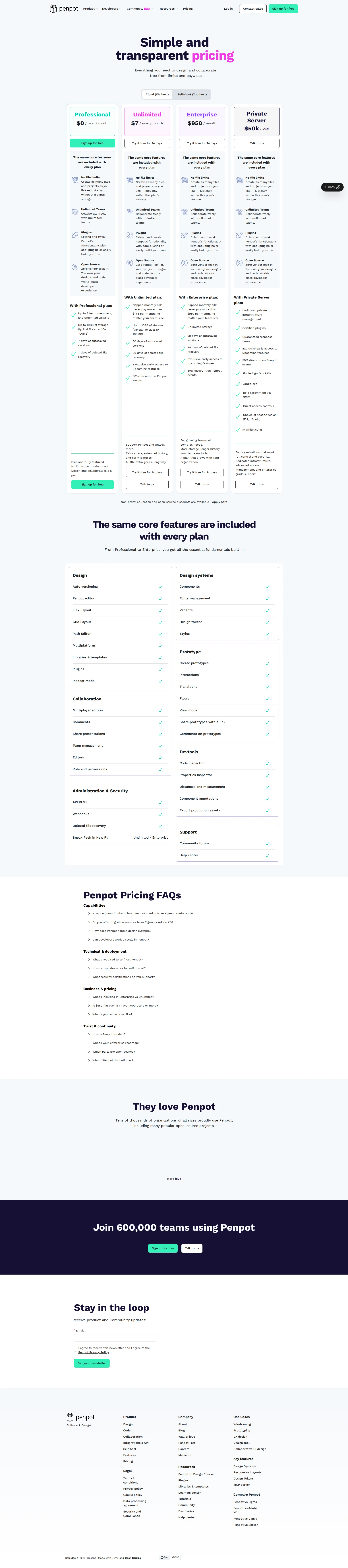 Penpot pricing page screenshot