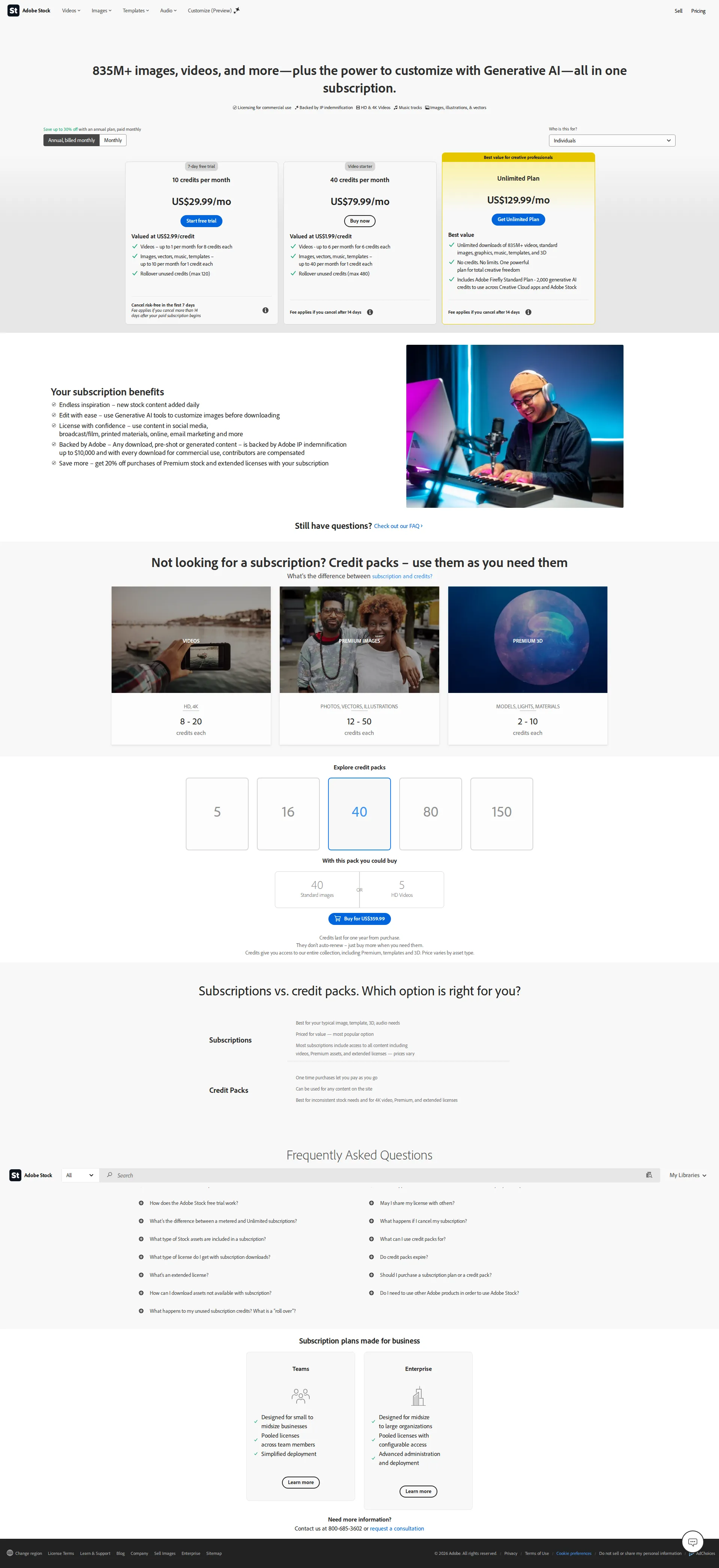 Adobe Stock pricing page screenshot
