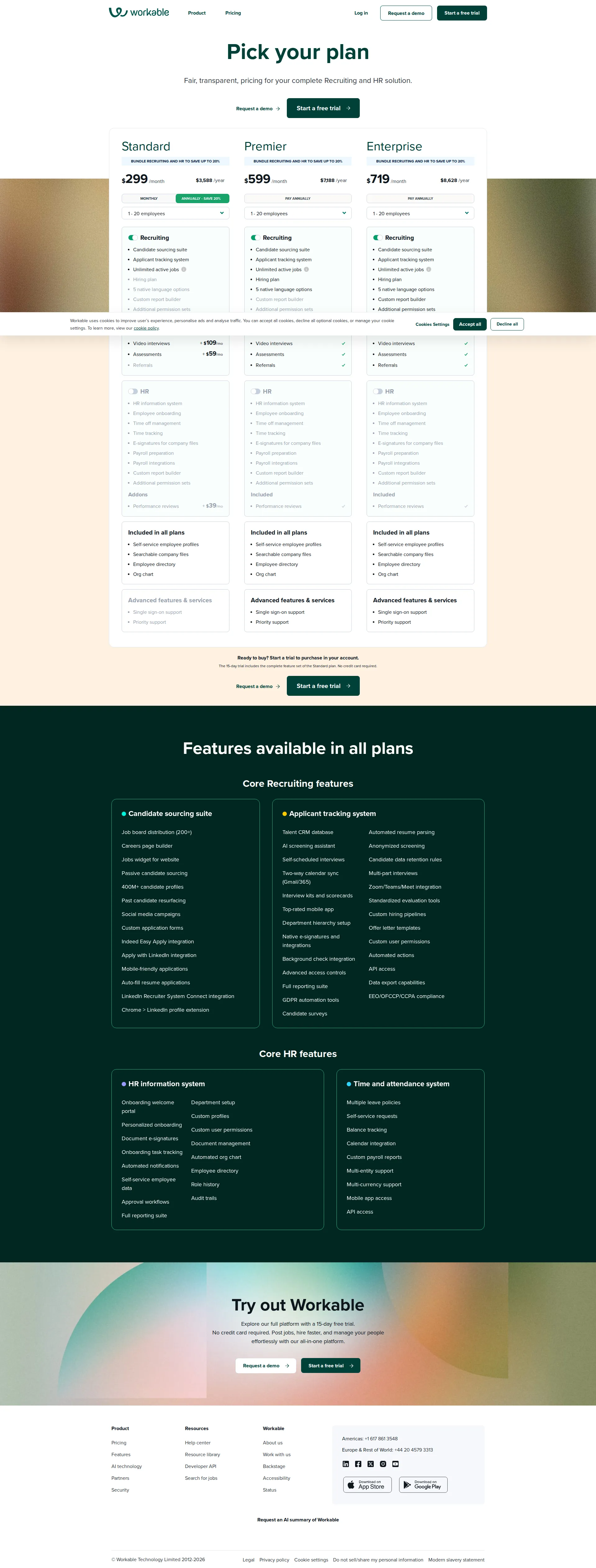 Workable Pro pricing page screenshot