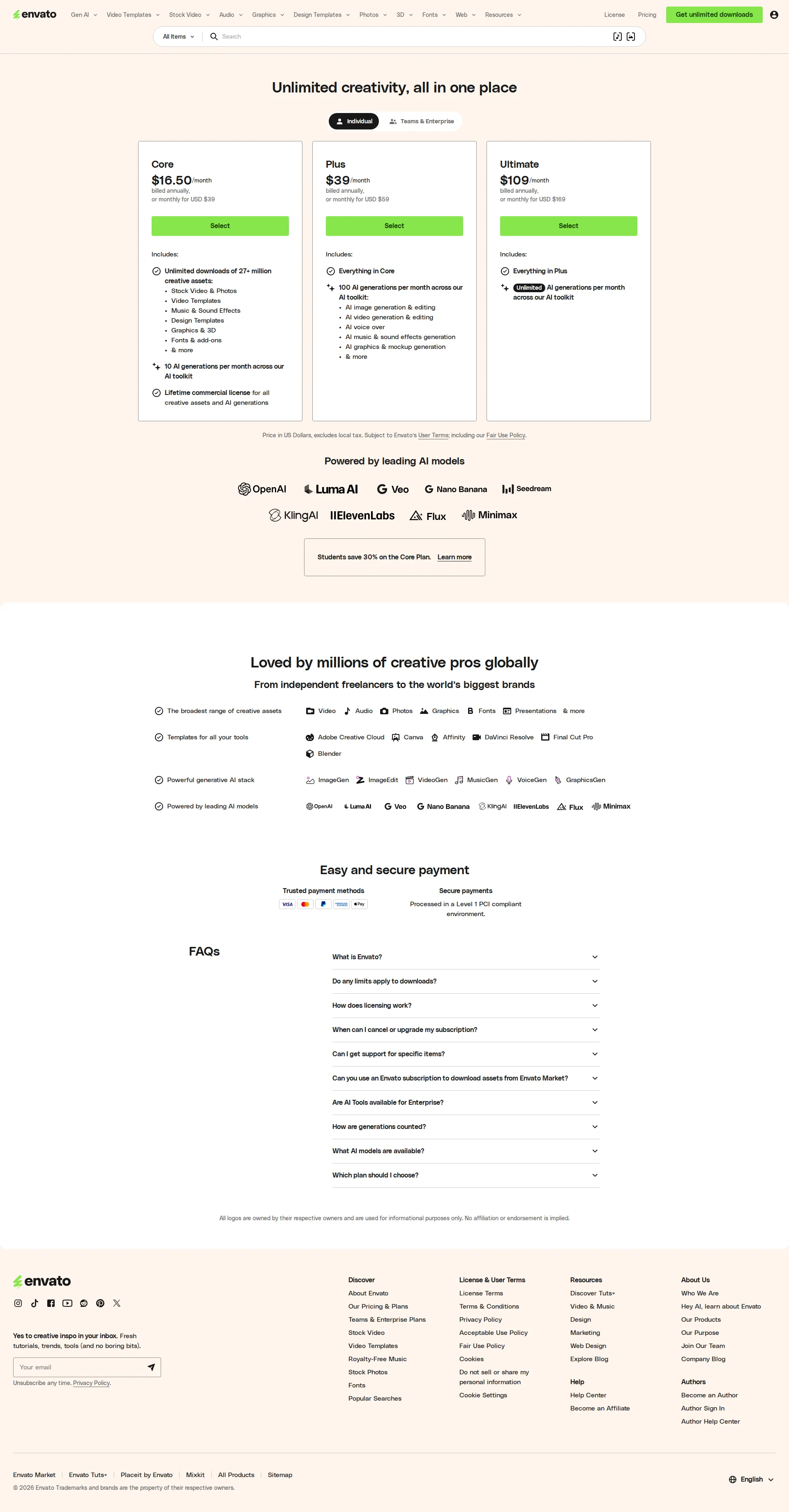 Envato Elements pricing page screenshot