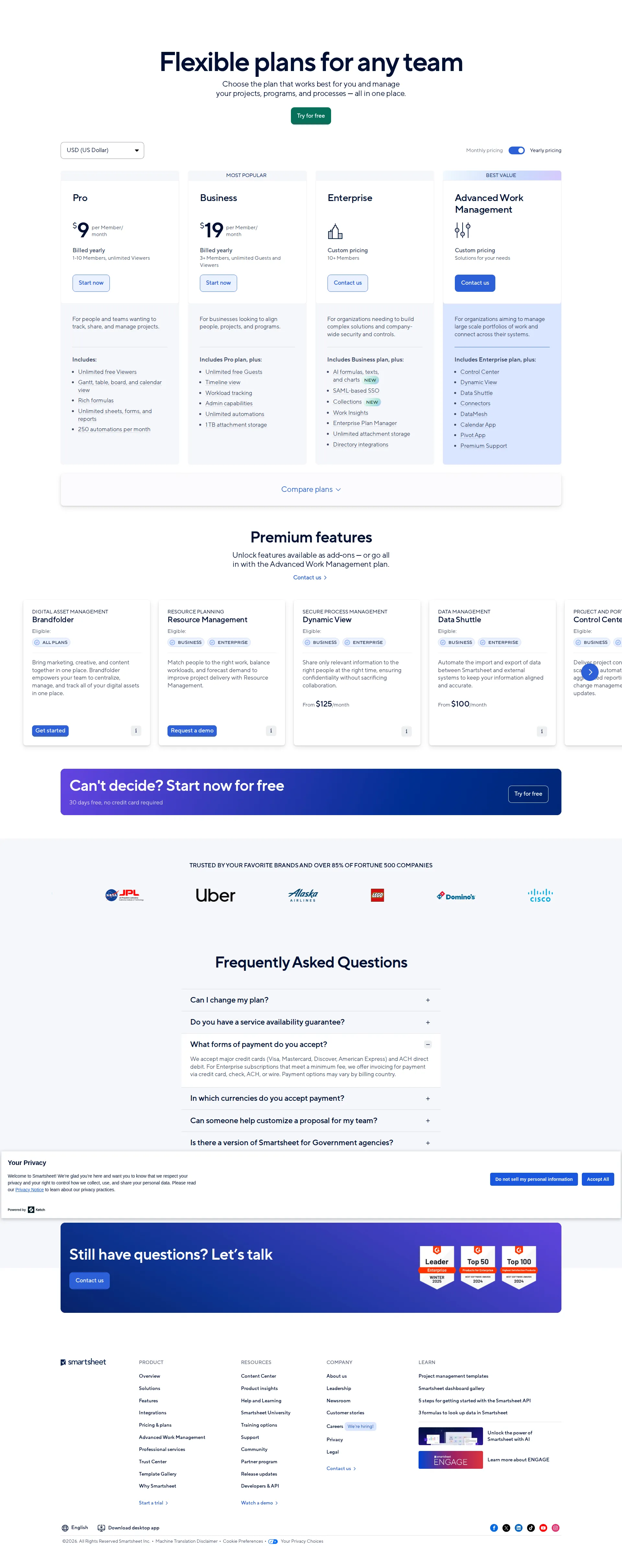 Smartsheet Pro pricing page screenshot