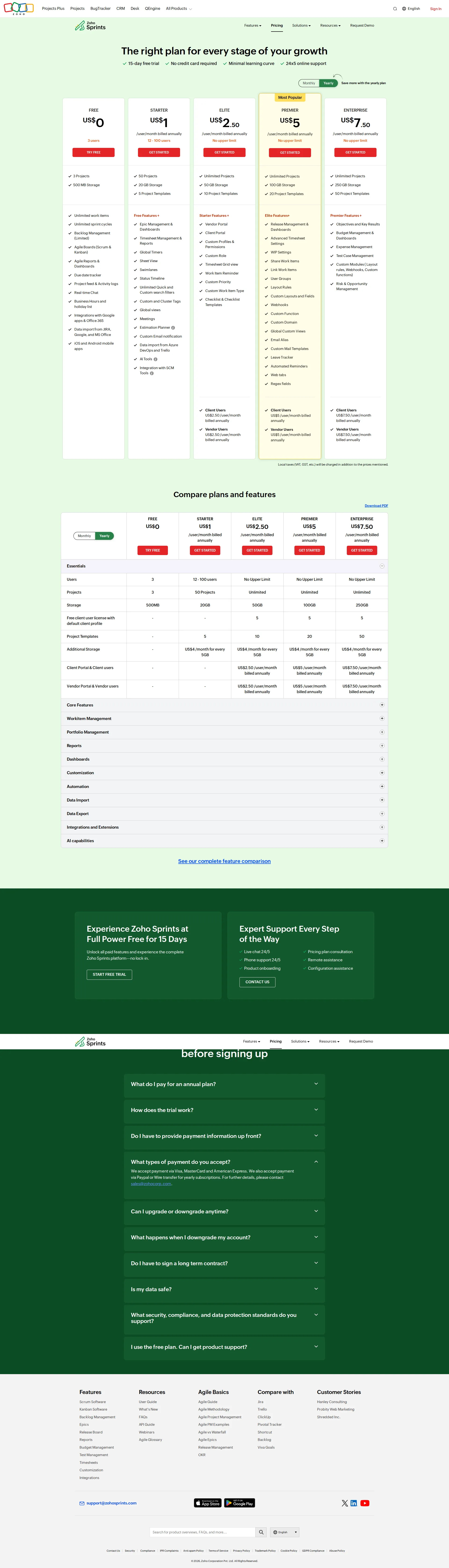 Zoho Sprints pricing page screenshot