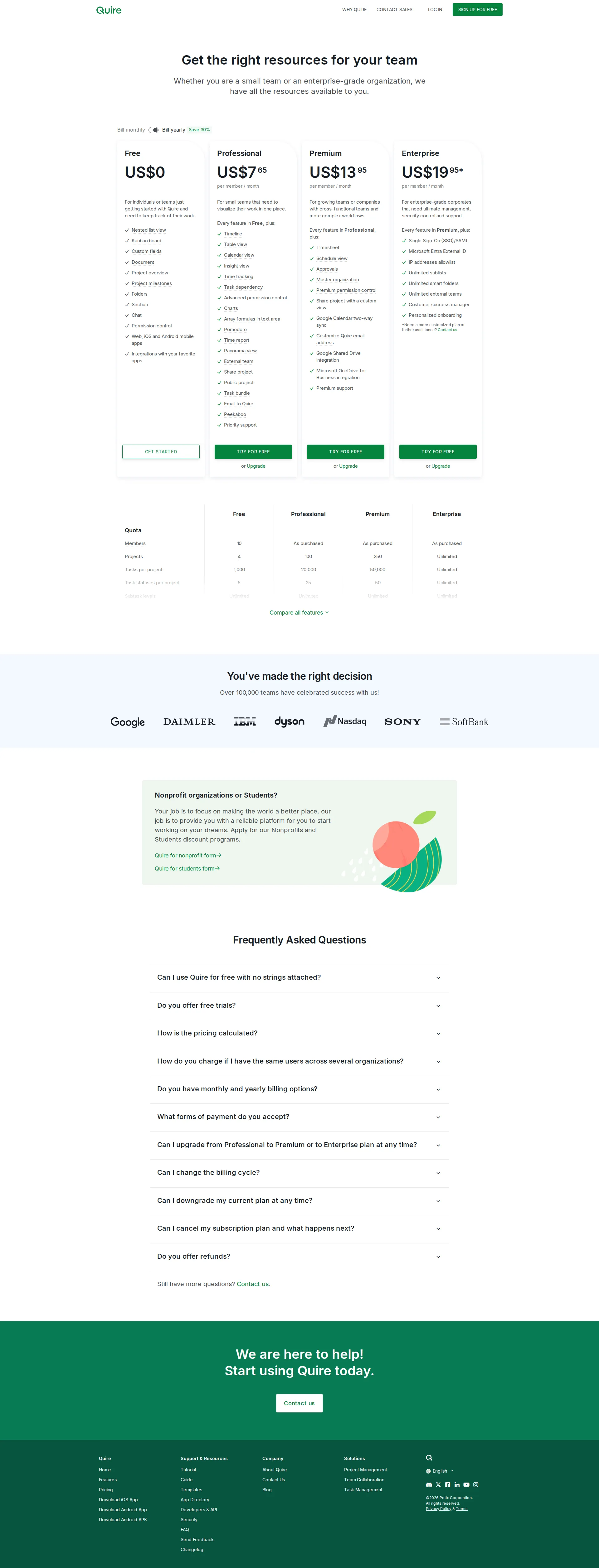 Quire PM pricing page screenshot