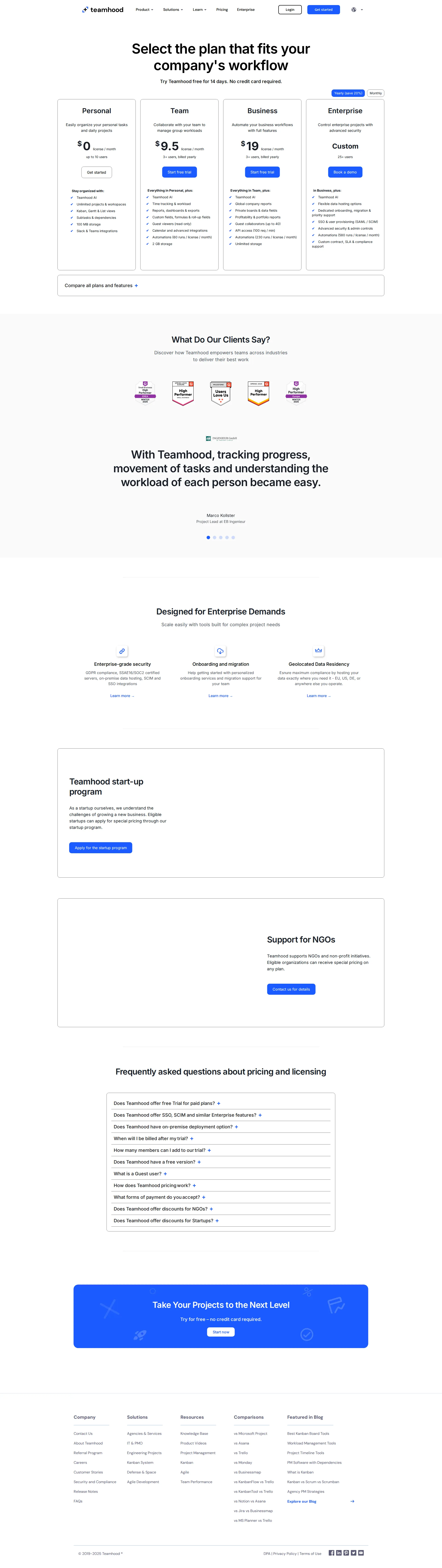 Teamhood pricing page screenshot