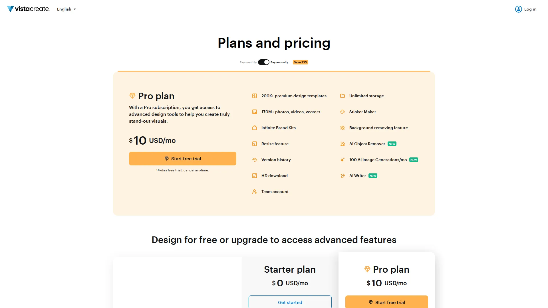 VistaCreate pricing page screenshot