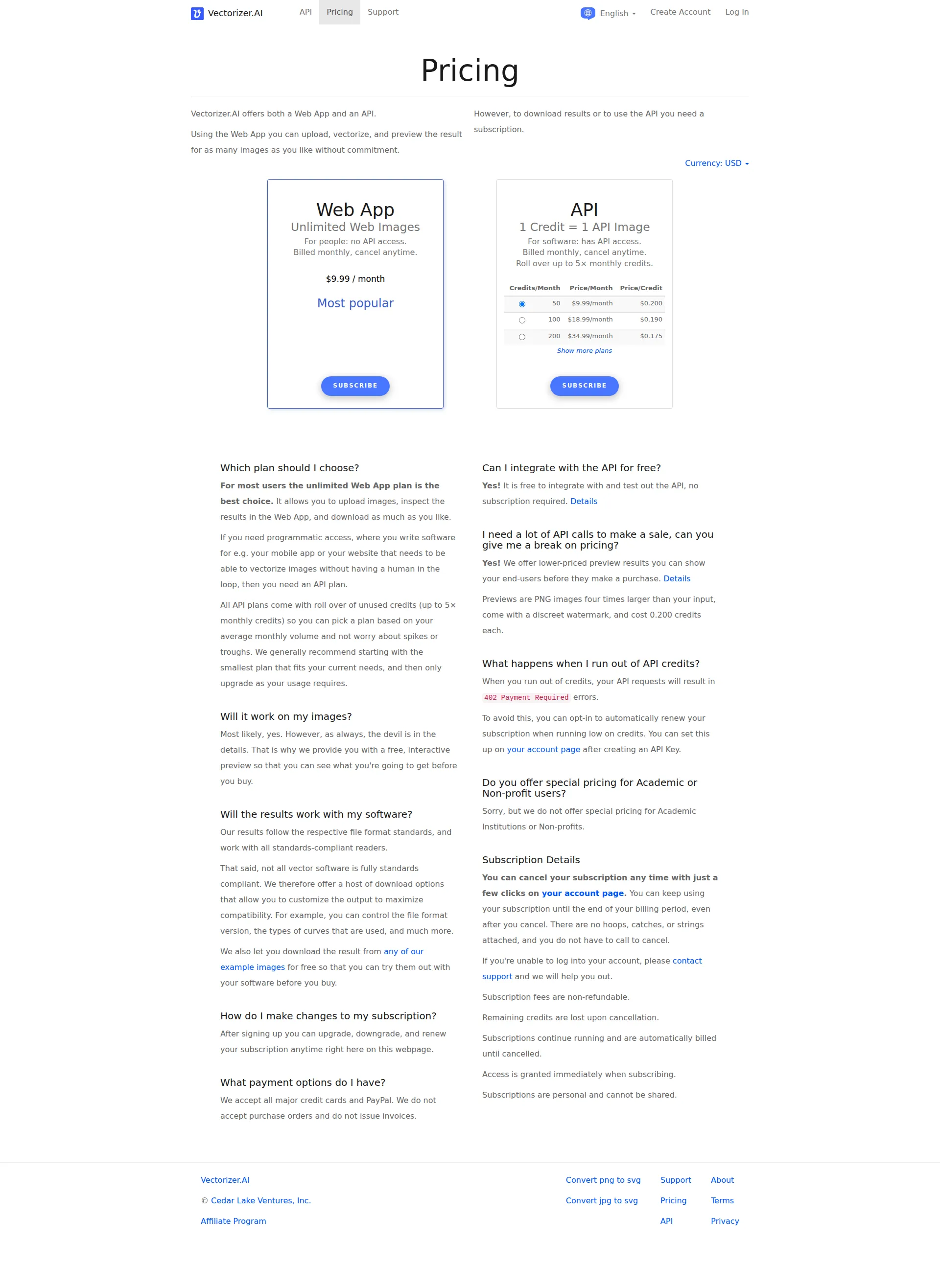 Vectorizer.AI pricing page screenshot