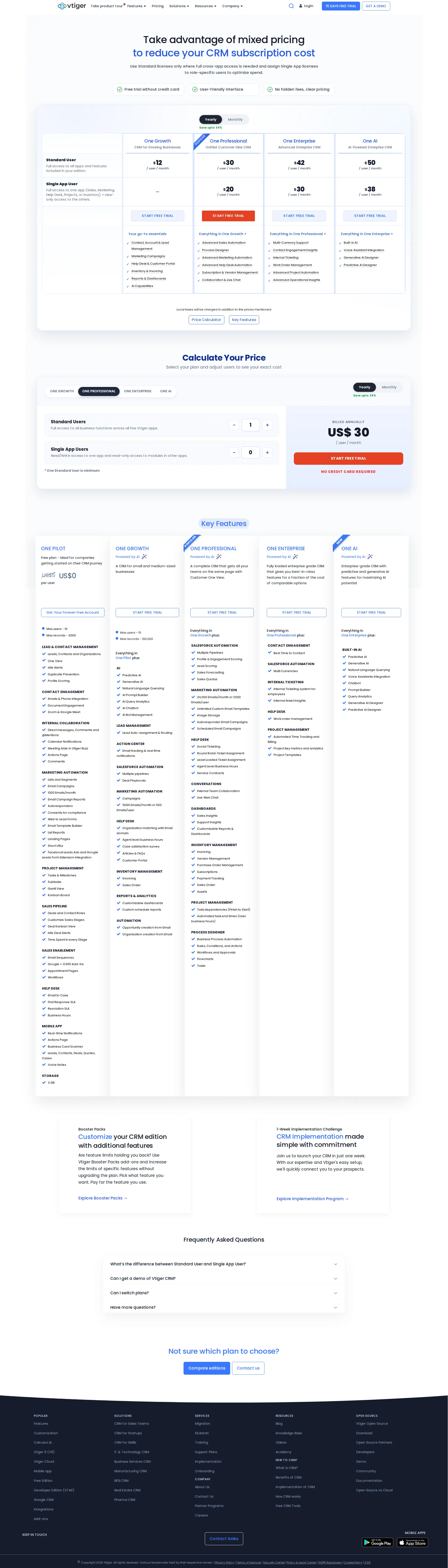 Vtiger CRM pricing page screenshot