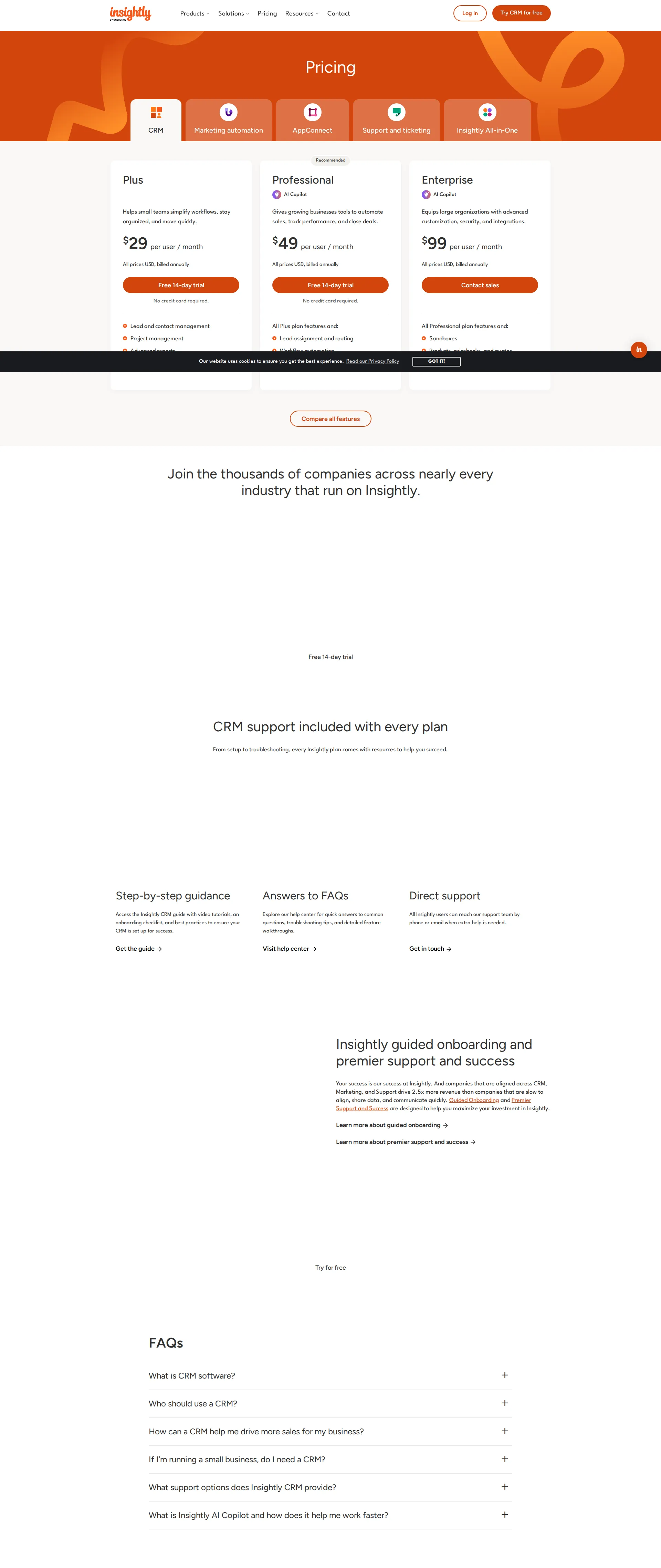 Insightly pricing page screenshot