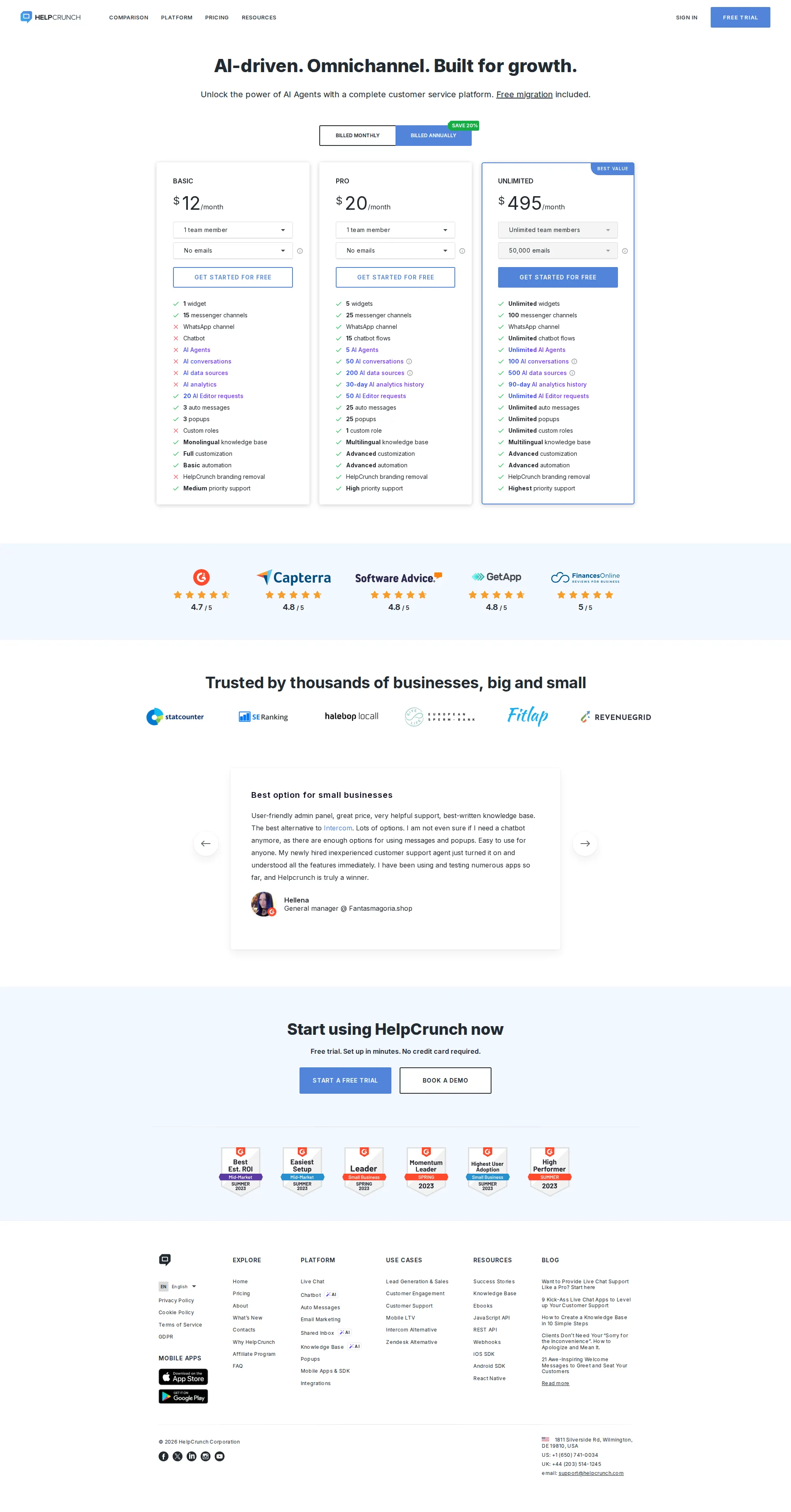 HelpCrunch pricing page screenshot