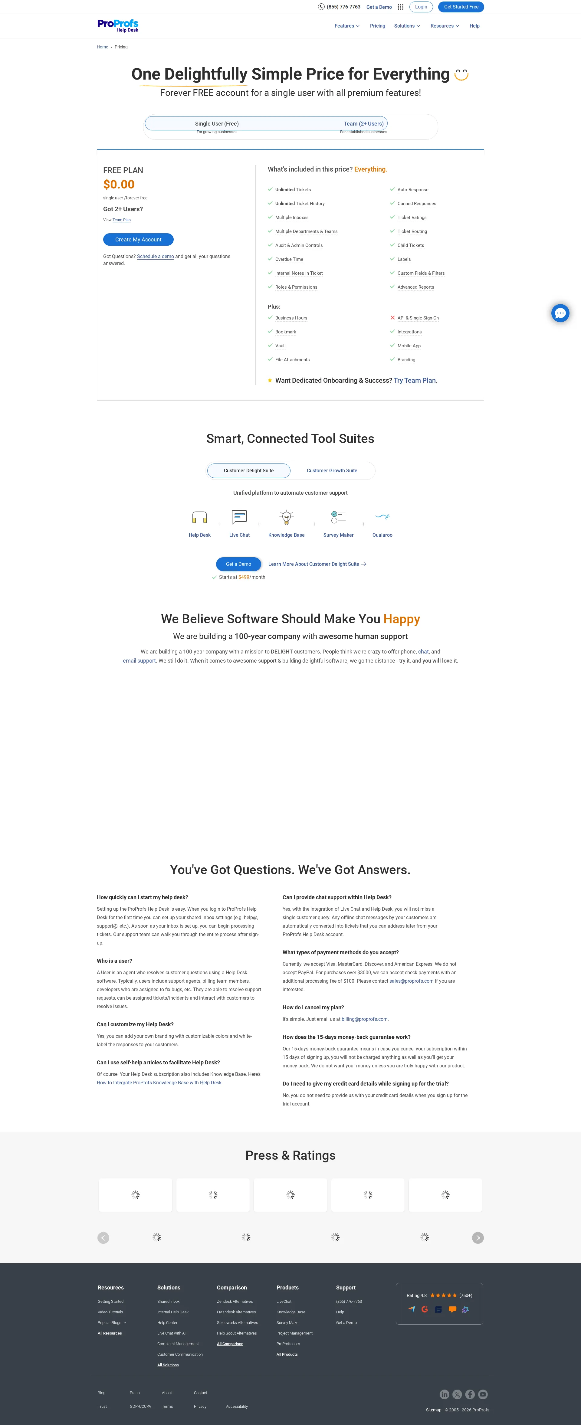 ProProfs Help Desk pricing page screenshot
