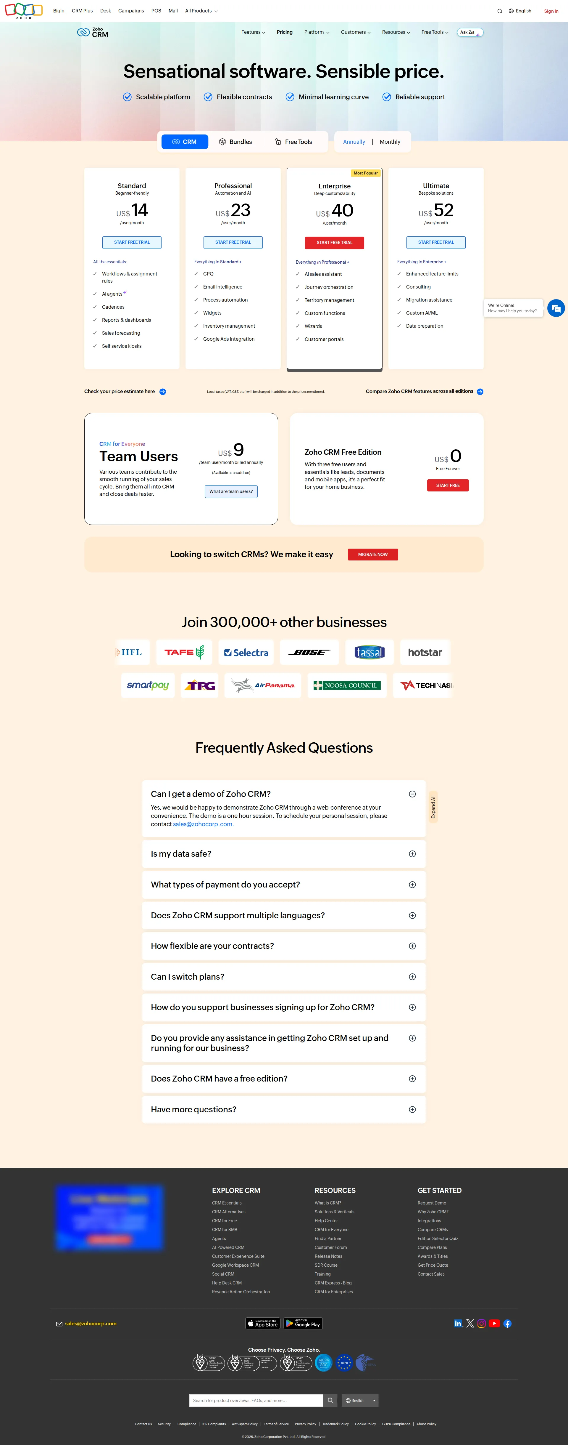 Zoho CRM pricing page screenshot