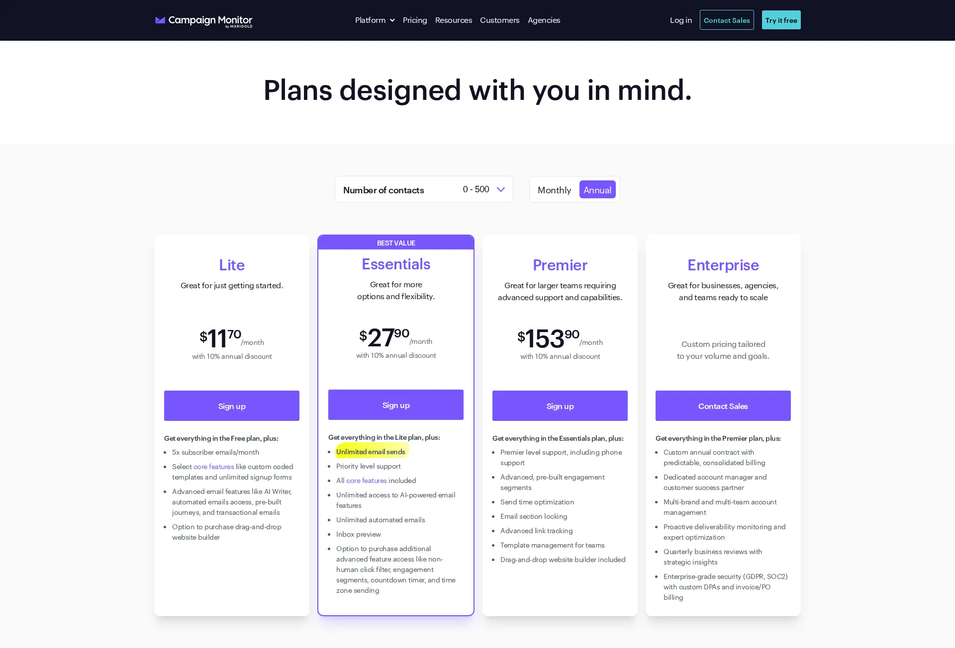 Campaign Monitor Pro pricing page screenshot
