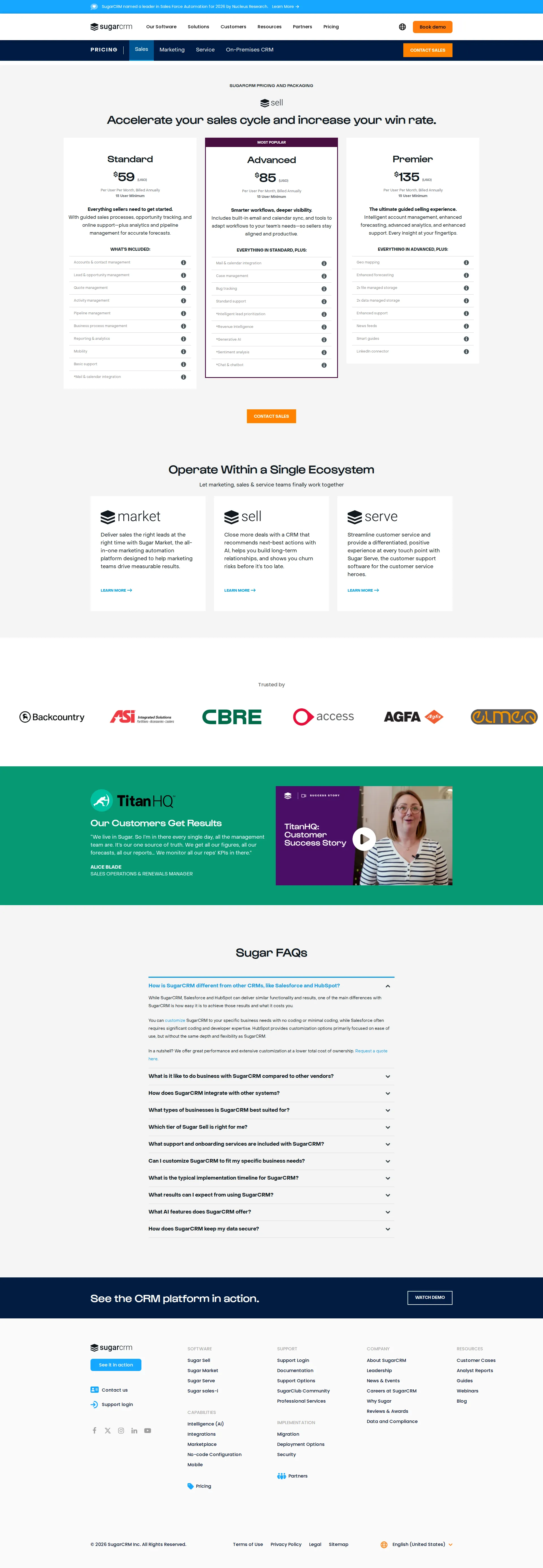 SugarCRM pricing page screenshot