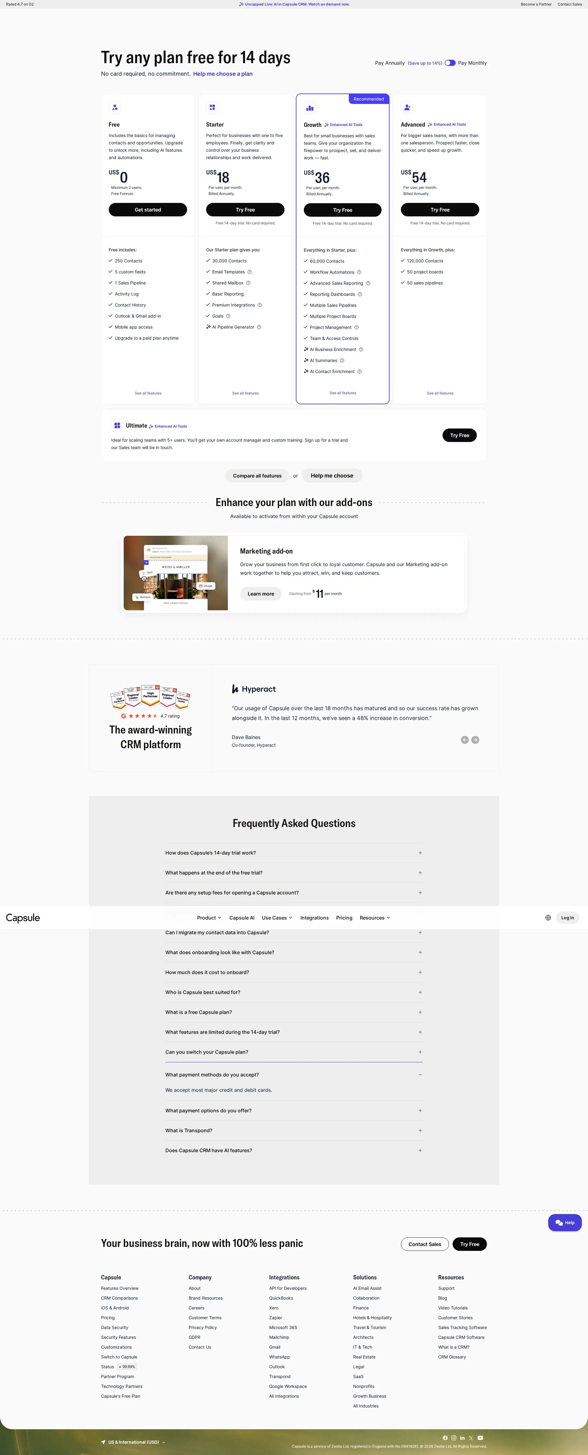Capsule CRM pricing page screenshot