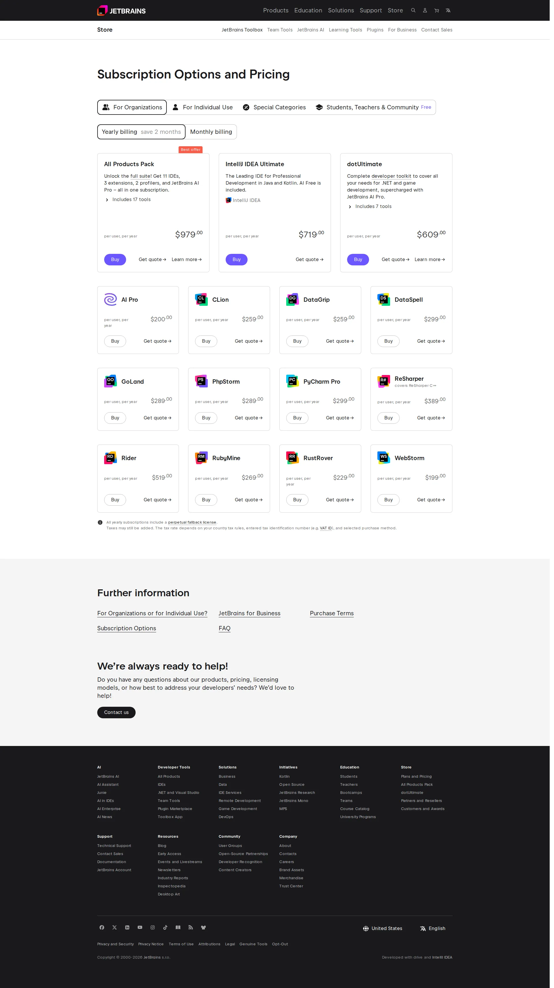 JetBrains pricing page screenshot