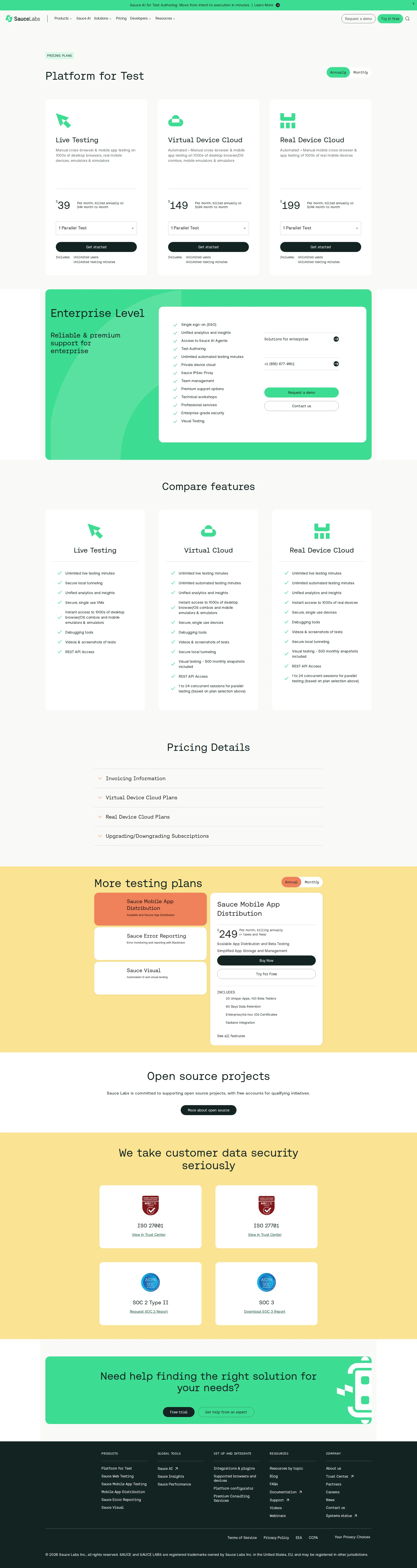 Saucelabs Pro pricing page screenshot
