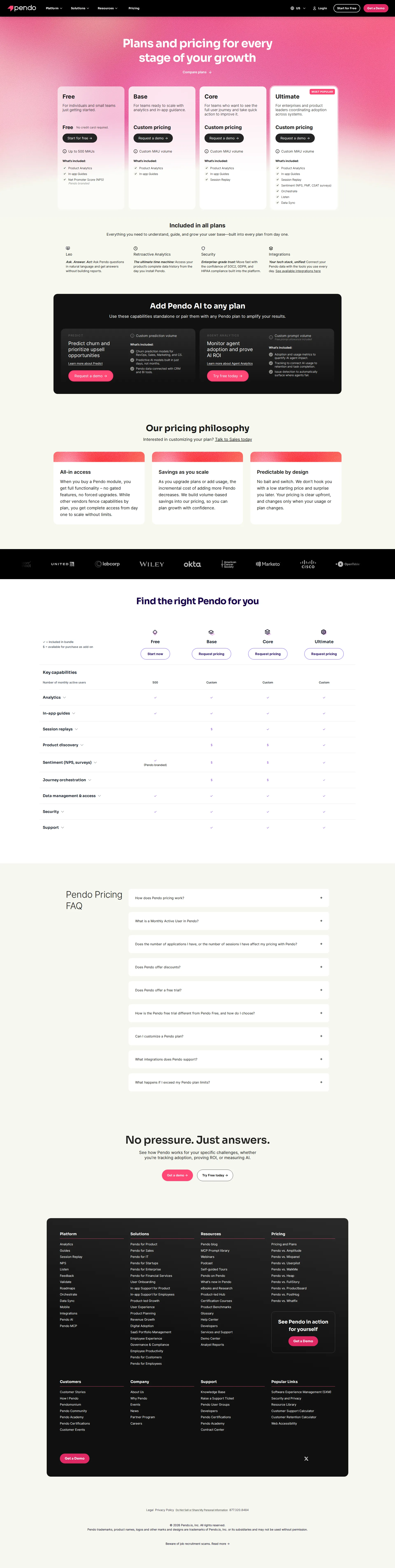 Pendo Pro pricing page screenshot
