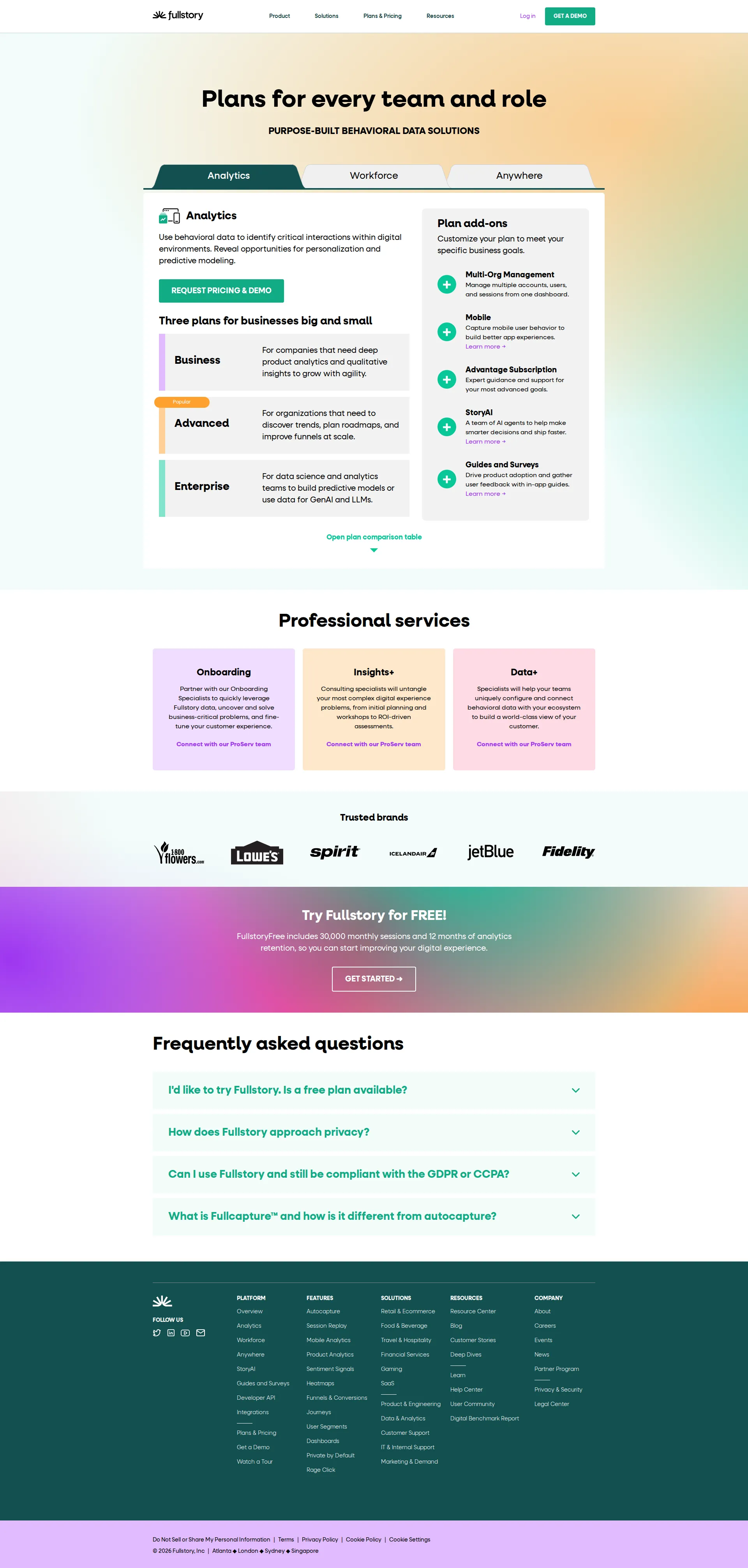 FullStory Pro pricing page screenshot