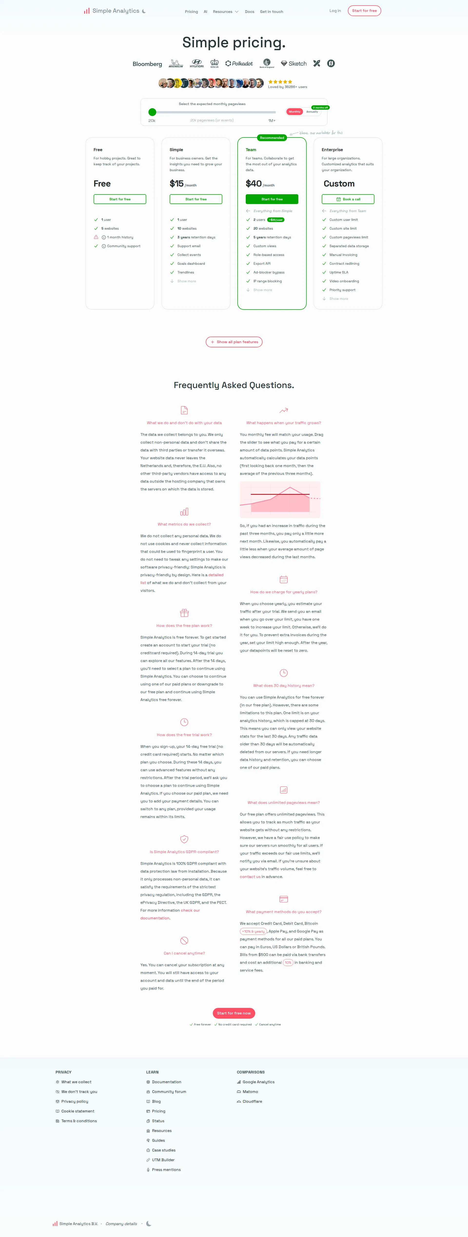 Simple Analytics pricing page screenshot