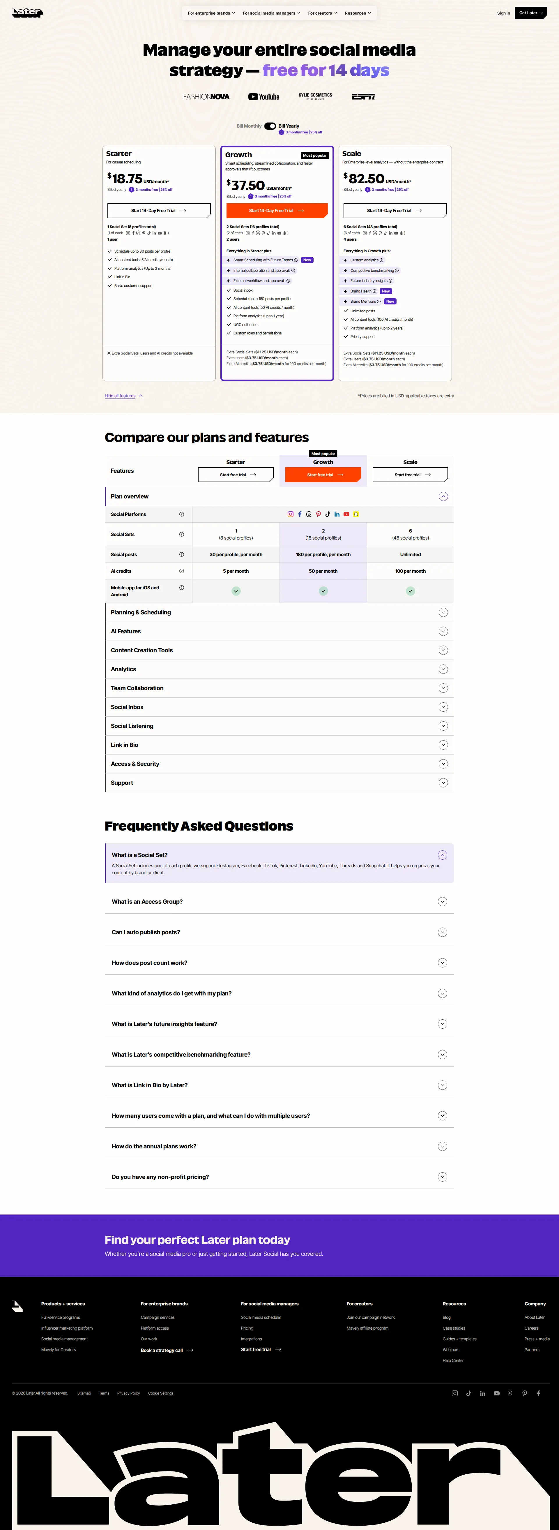 Later Pro pricing page screenshot