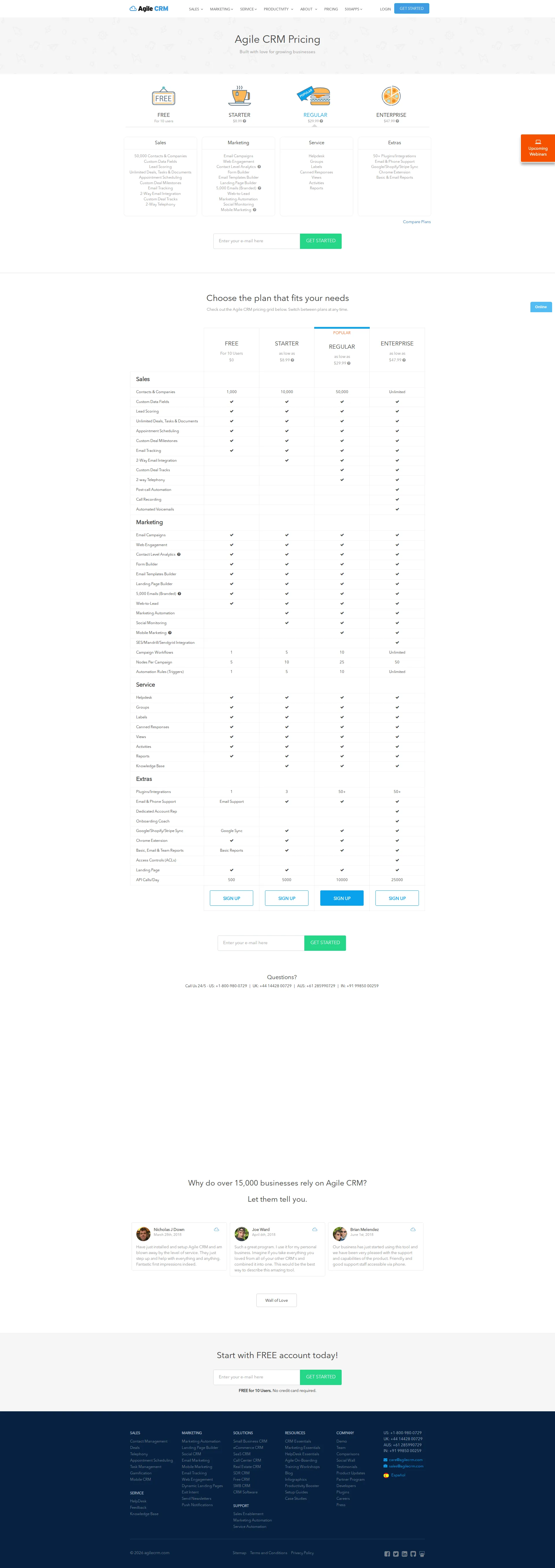 Agile CRM pricing page screenshot