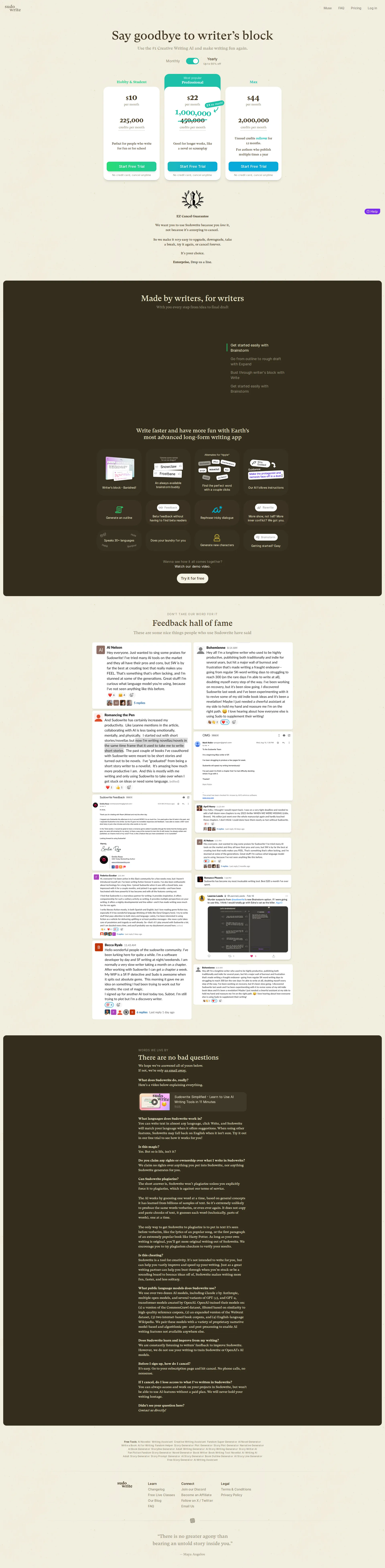 Sudowrite Pro pricing page screenshot
