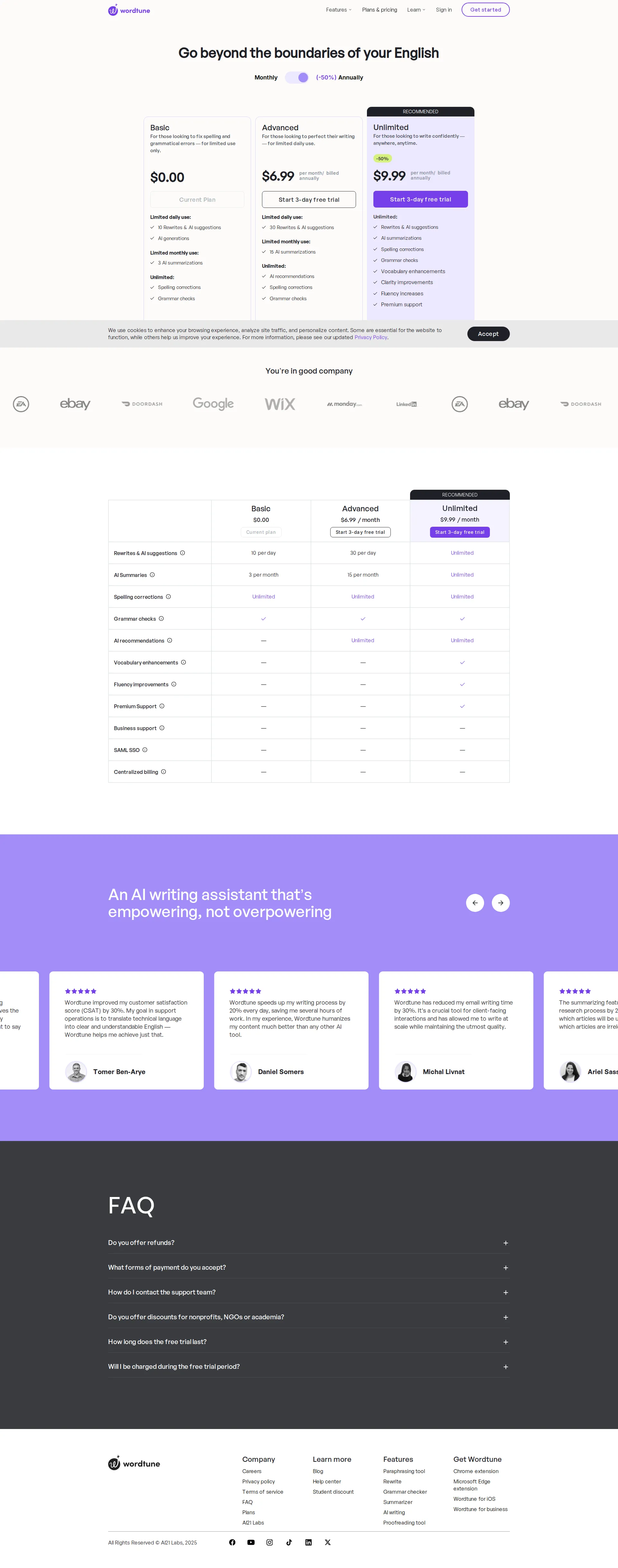 Wordtune Pro pricing page screenshot