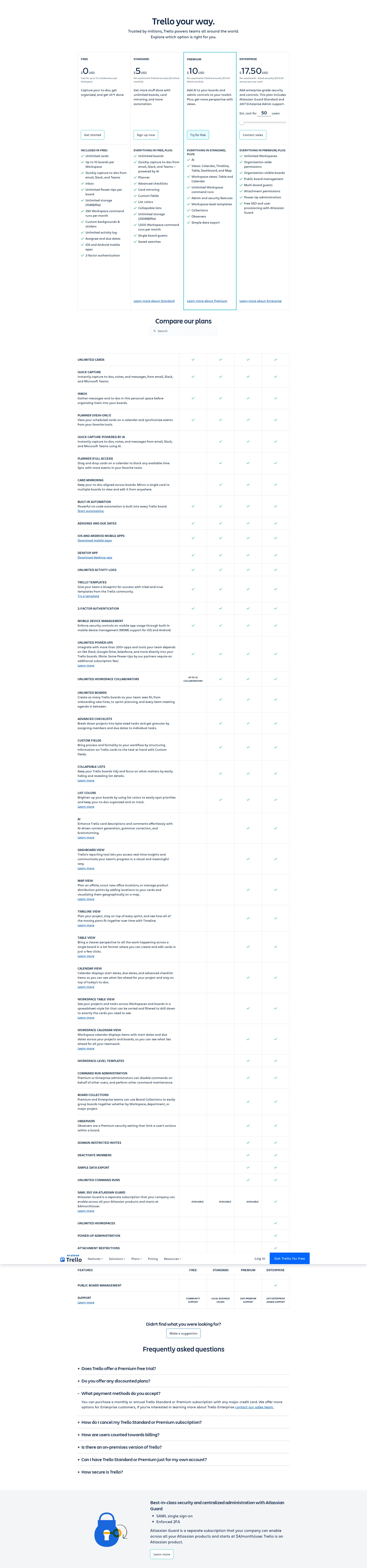 Trello Pro pricing page screenshot