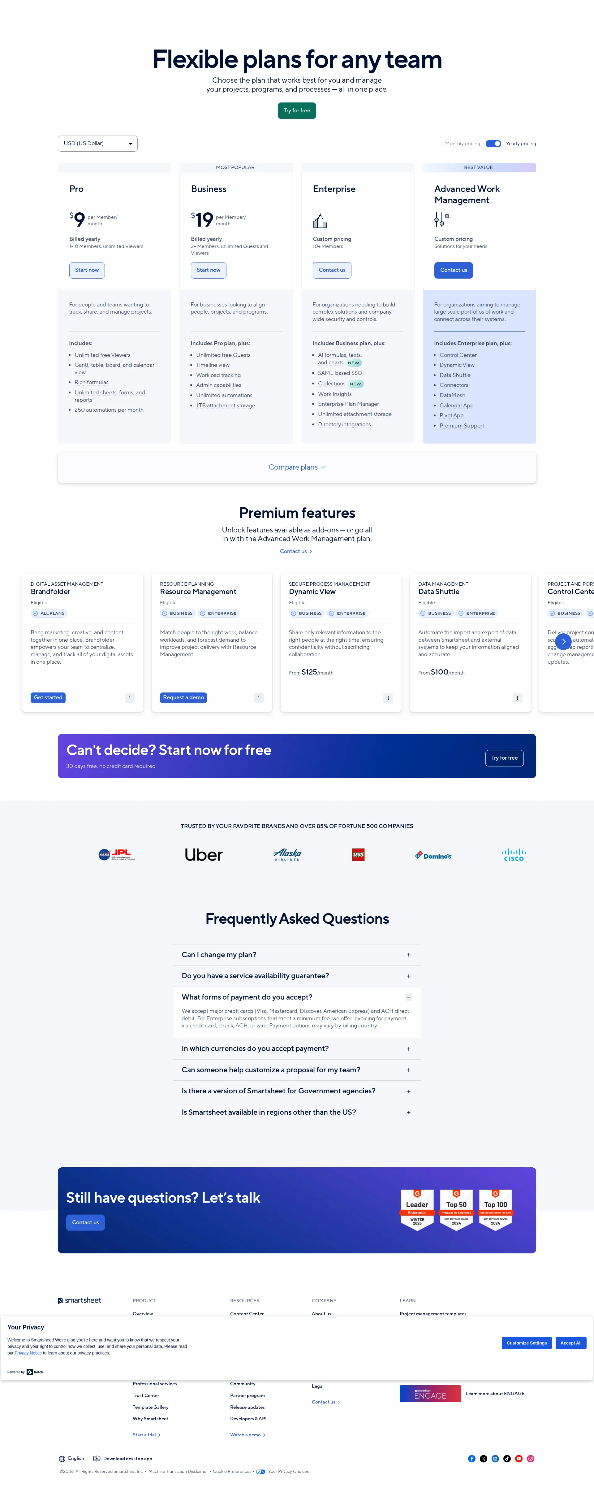 Smartsheet pricing page screenshot