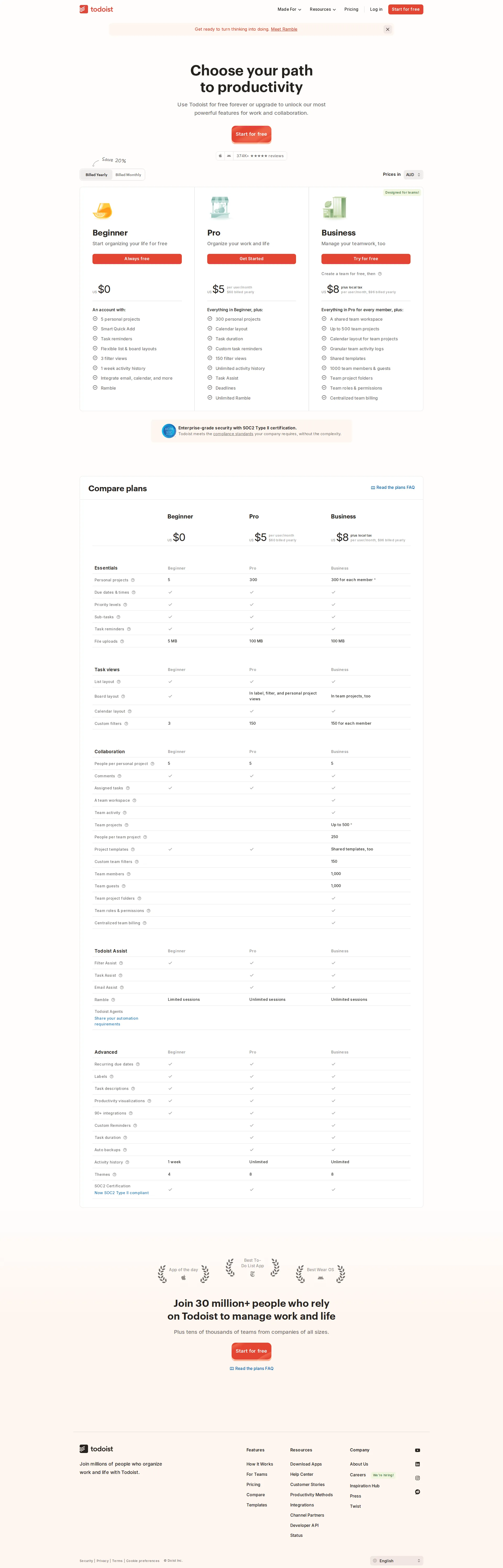 Todoist pricing page screenshot