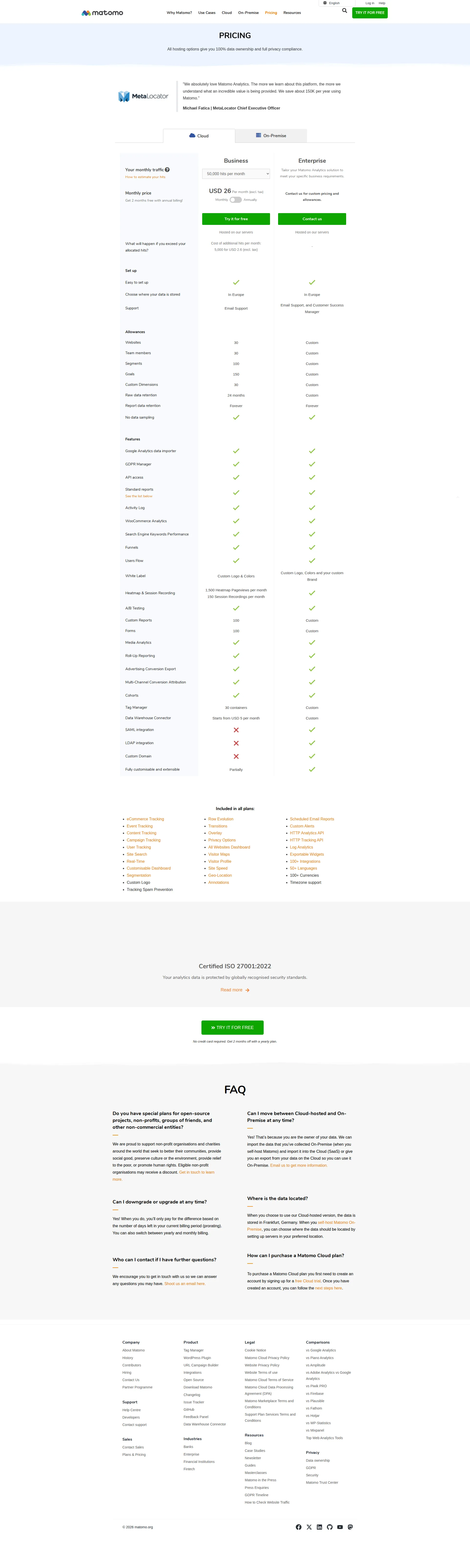Matomo Pro pricing page screenshot