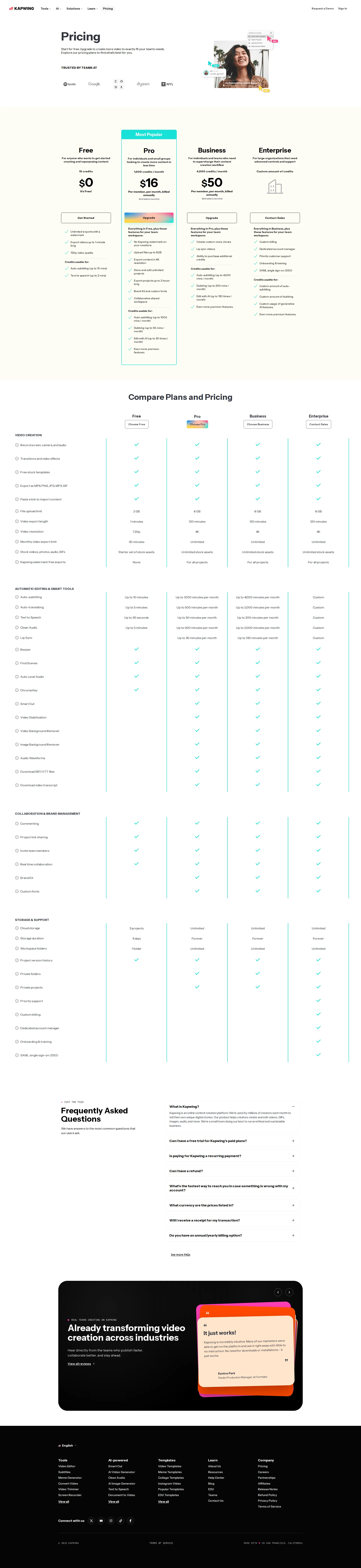 Kapwing Pro pricing page screenshot