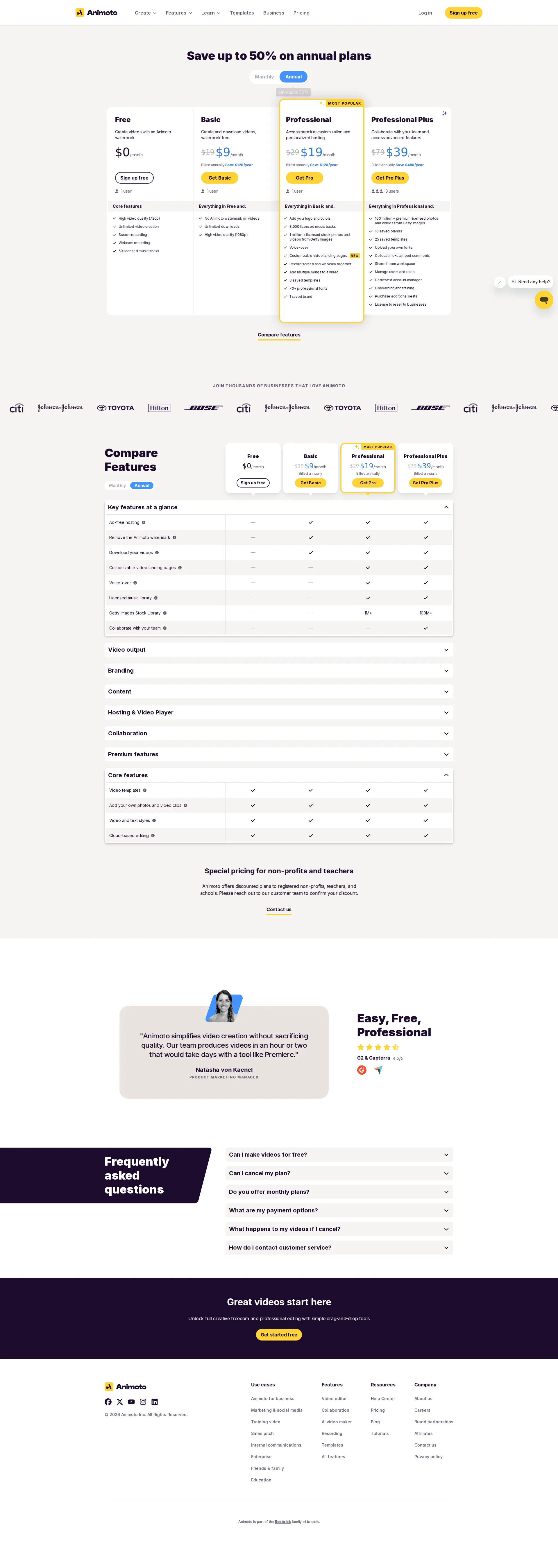 Animoto Pro pricing page screenshot