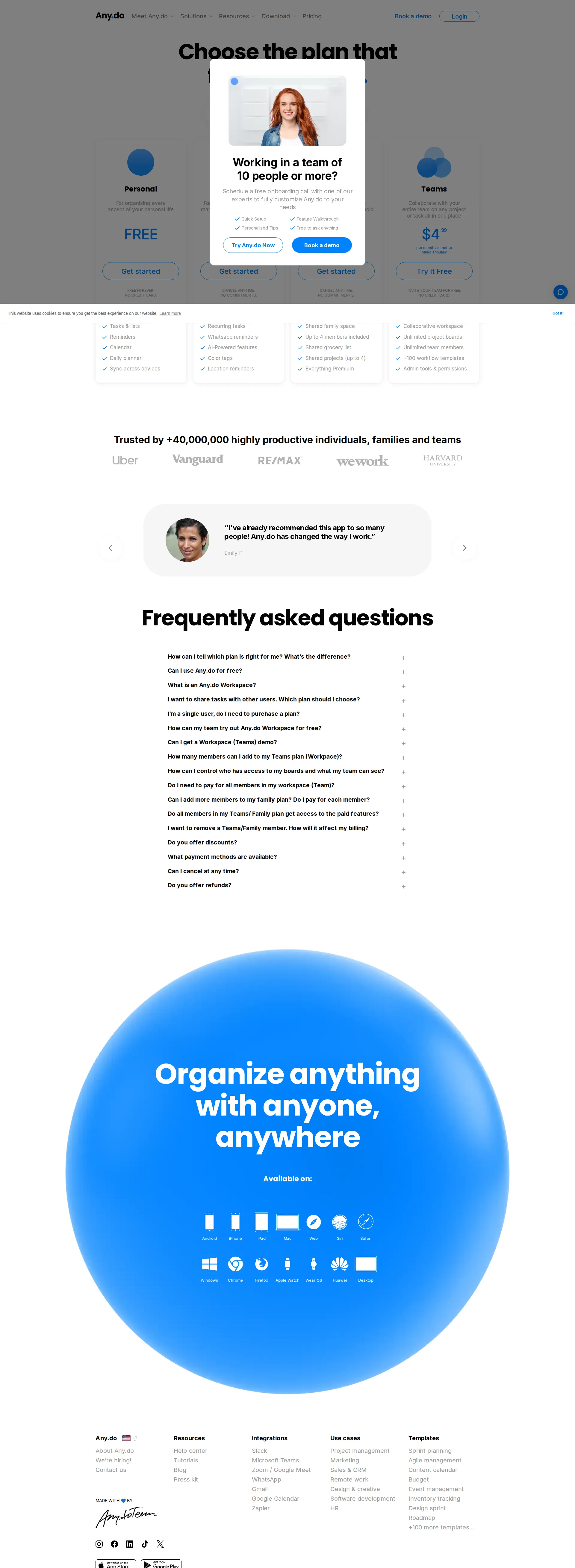 Any.do pricing page screenshot
